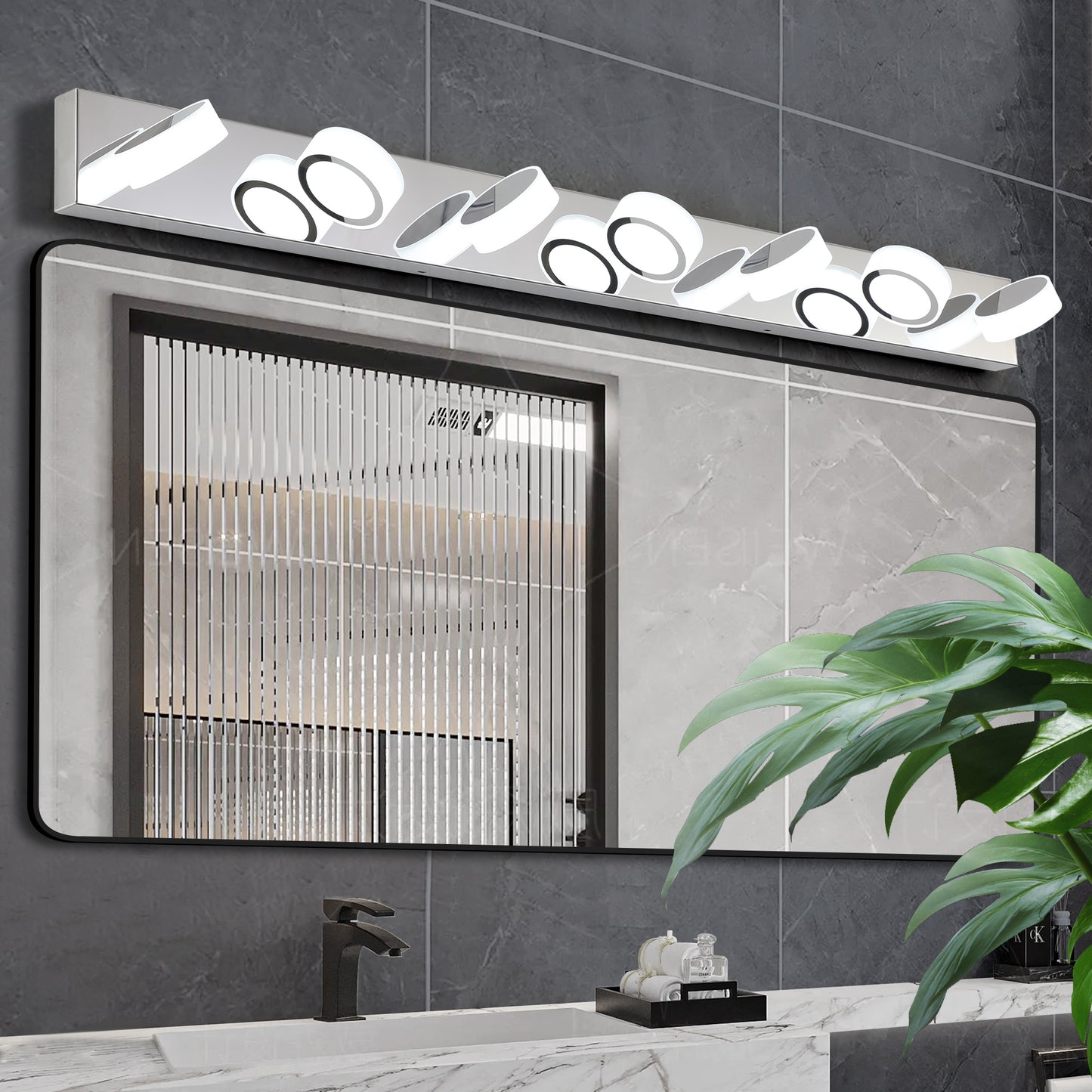 YANSUN 52in. Modern 7-Light LED Vanity Wall Sconce Chrome with Acrylic Shades Dimmable Bathroom Light