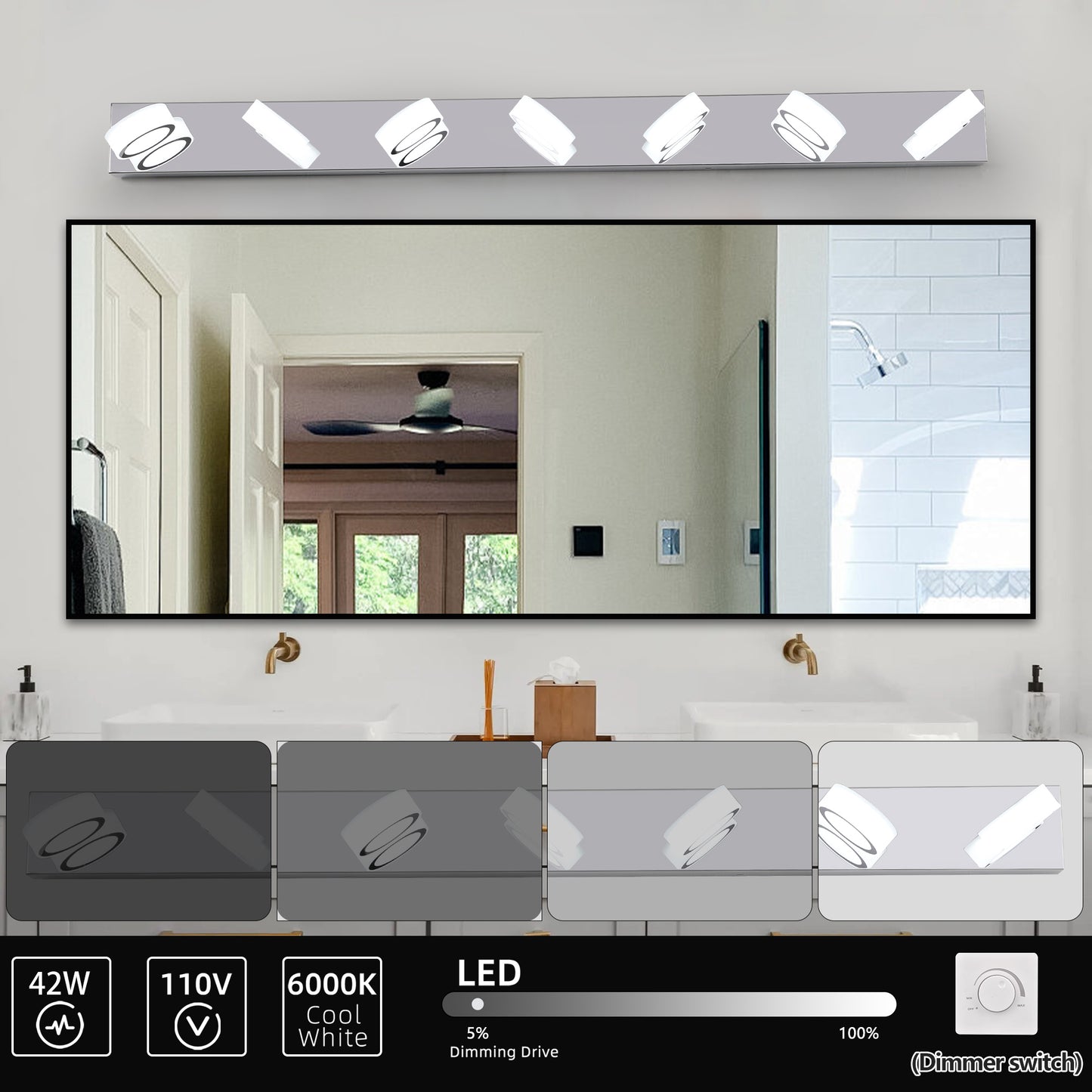YANSUN 52in. Modern 7-Light LED Vanity Wall Sconce Chrome with Acrylic Shades Dimmable Bathroom Light