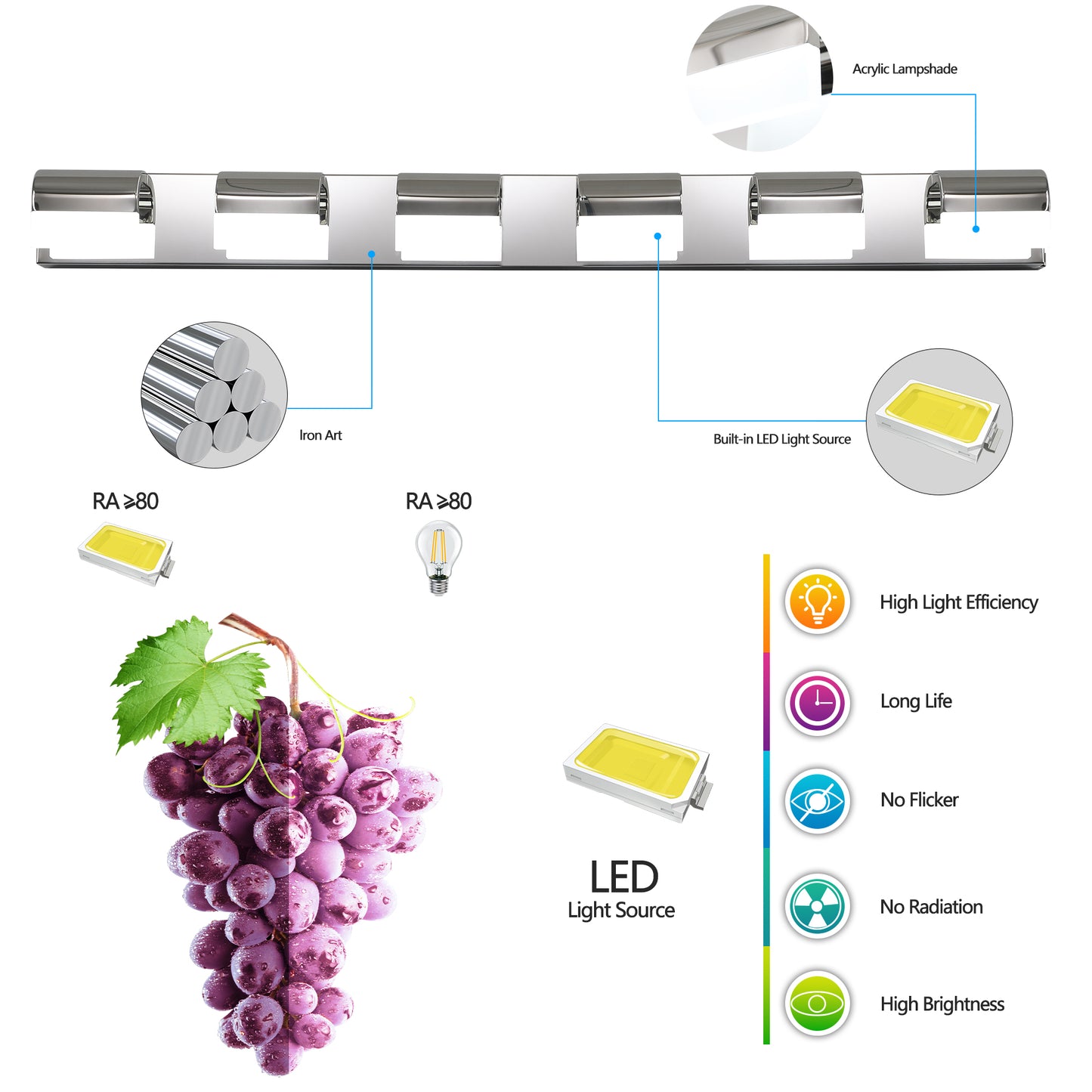 YANSUN Modern Bathroom Vanity Lighting 6-Light LED Vanity Lights Over Mirror Bath Wall Lighting