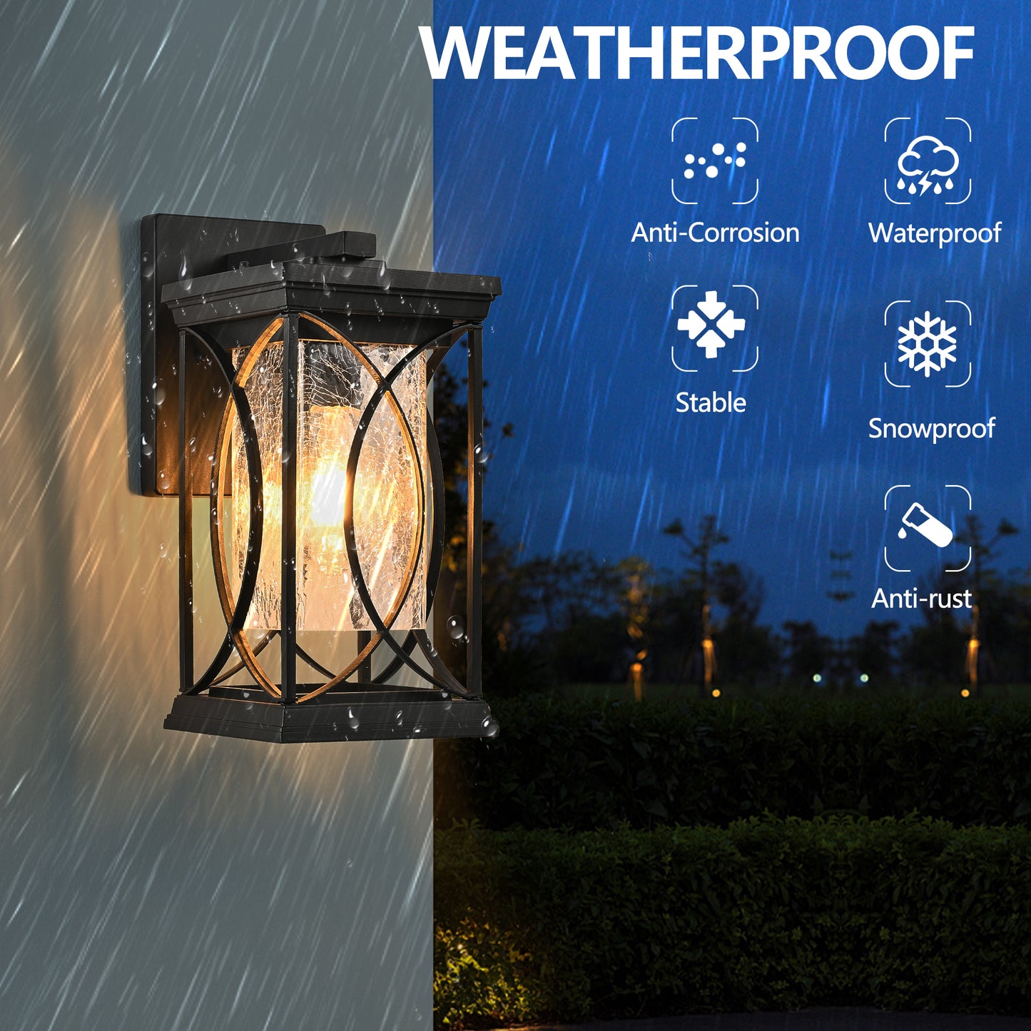 YANSUN 14in Outdoor Wall Lantern Black Crackled Glass Weather-Resistant Exterior Sconce Modern Porch Patio Entryway Light E26 Base