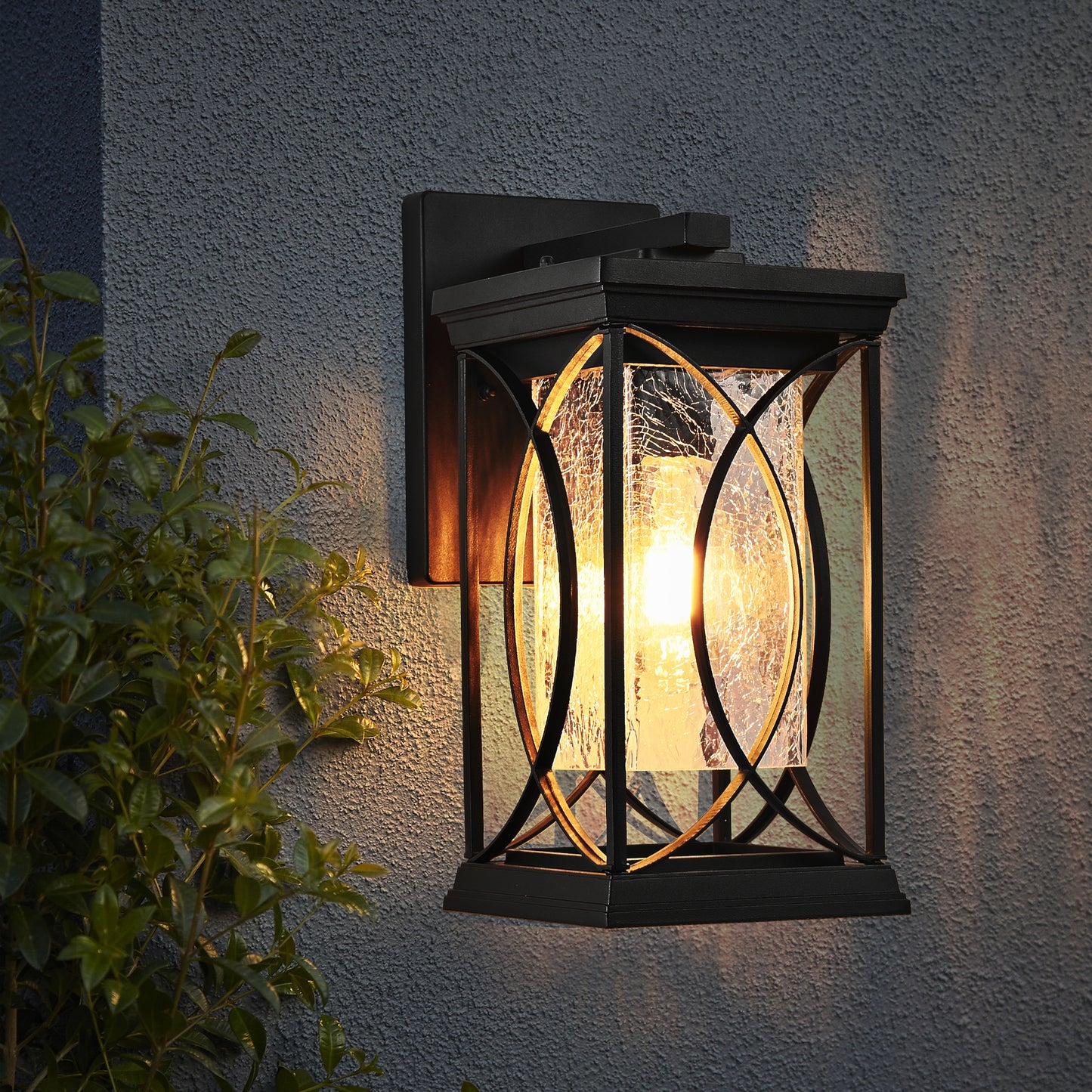 YANSUN 14in Outdoor Wall Lantern Black Crackled Glass Weather-Resistant Exterior Sconce Modern Porch Patio Entryway Light E26 Base
