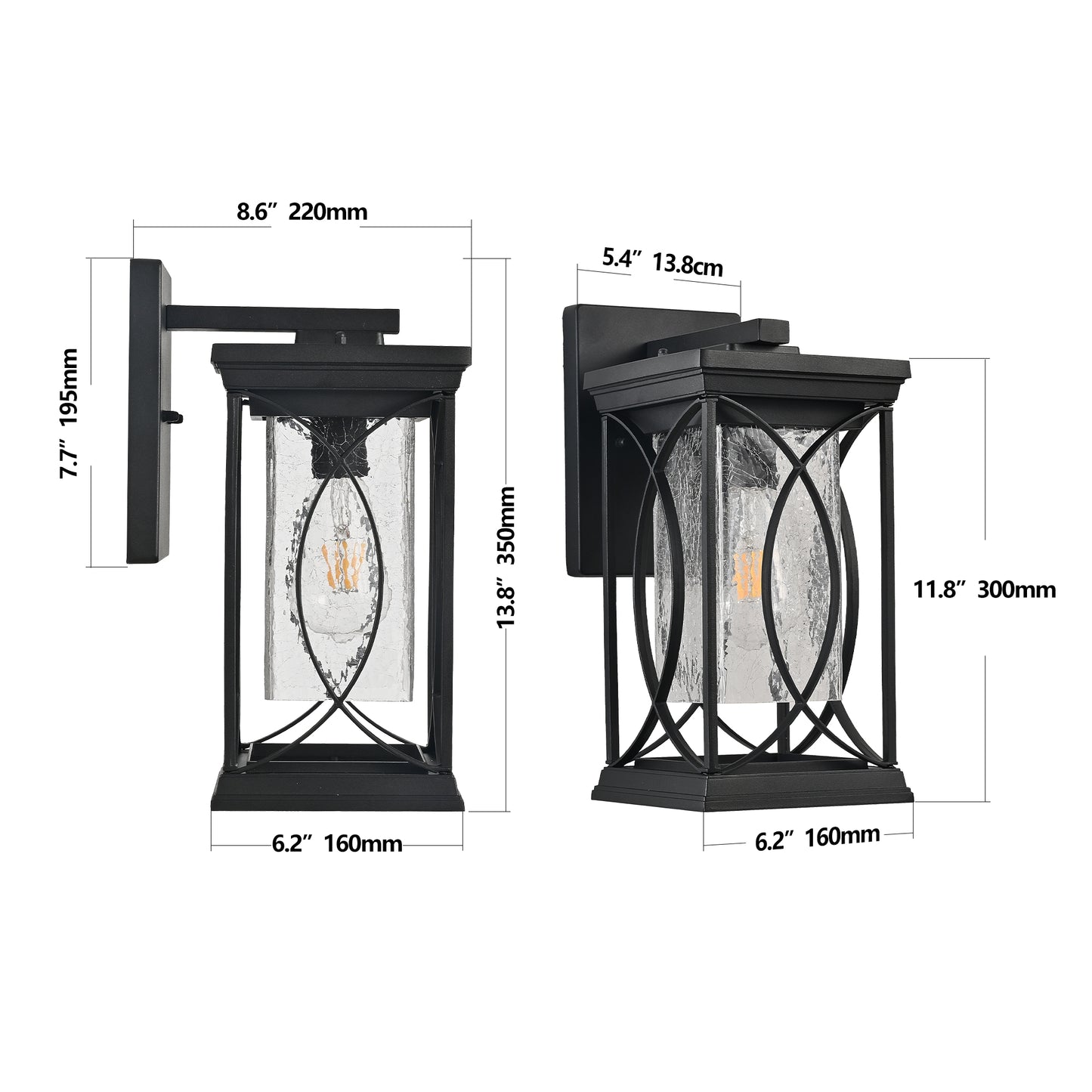 YANSUN 14in Outdoor Wall Lantern Black Crackled Glass Weather-Resistant Exterior Sconce Modern Porch Patio Entryway Light E26 Base