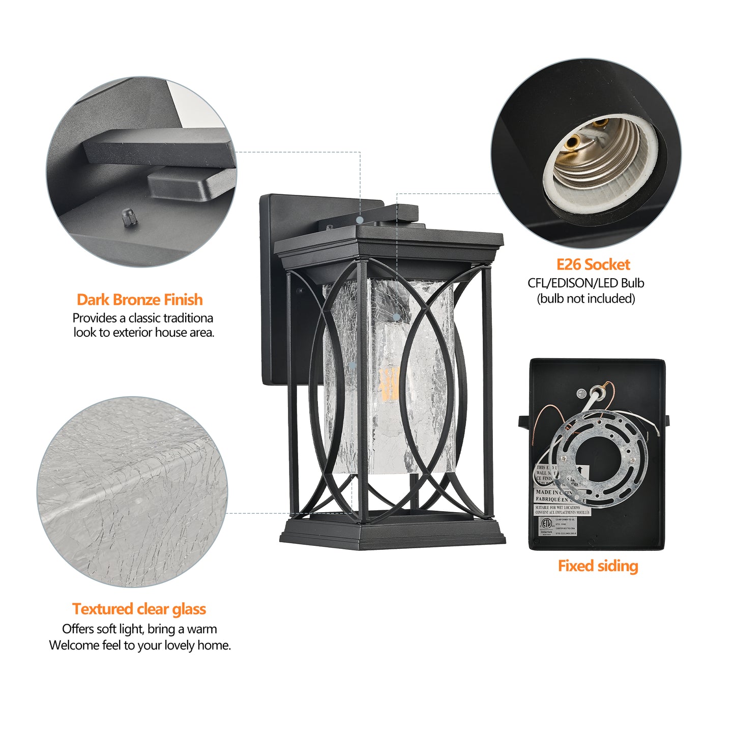 YANSUN 14in Outdoor Wall Lantern Black Crackled Glass Weather-Resistant Exterior Sconce Modern Porch Patio Entryway Light E26 Base