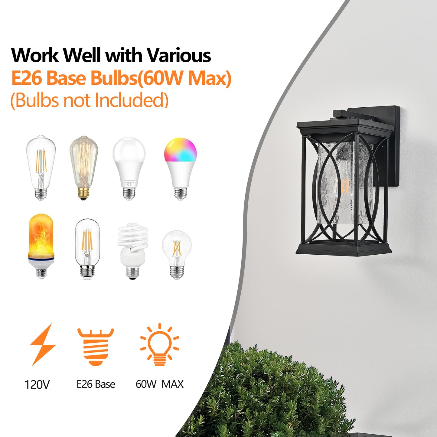YANSUN 14in Outdoor Wall Lantern Black Crackled Glass Weather-Resistant Exterior Sconce Modern Porch Patio Entryway Light E26 Base