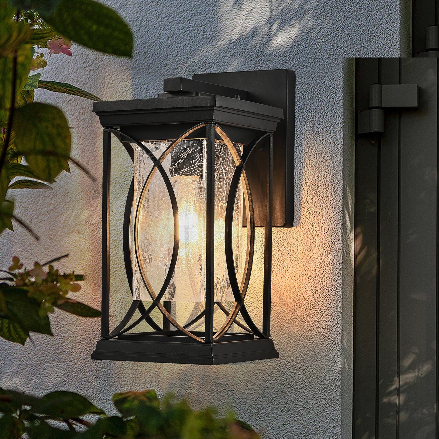 YANSUN 14in Outdoor Wall Lantern Black Crackled Glass Weather-Resistant Exterior Sconce Modern Porch Patio Entryway Light E26 Base