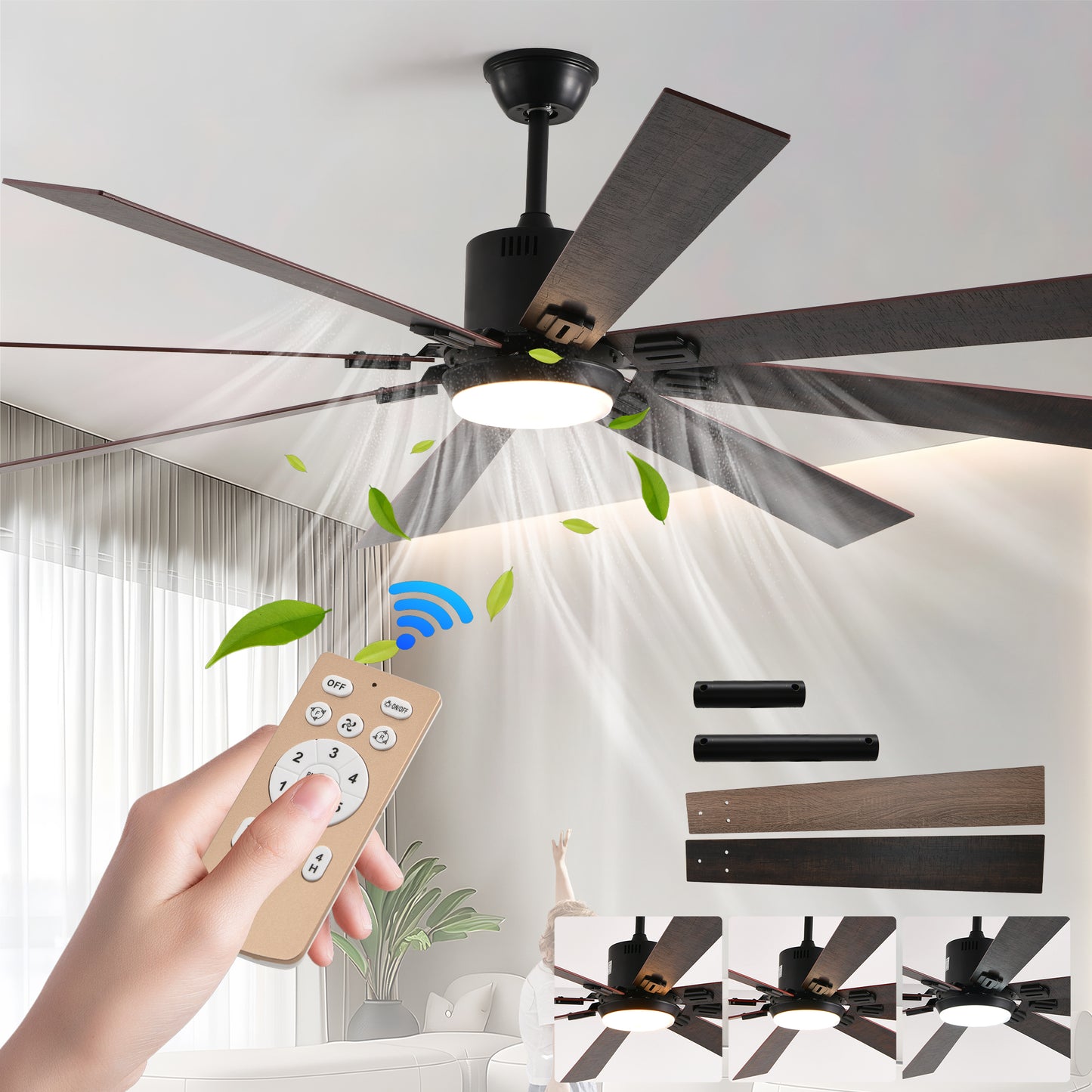 YANSUN72" Walnut LED Ceiling Fan Light with 8 Wooden Blades, Remote Control, Adjustable Color Temperature for Living Room, Bedroom, or Dining Room (Silent/6-Speed/Reversible/DC Motor)