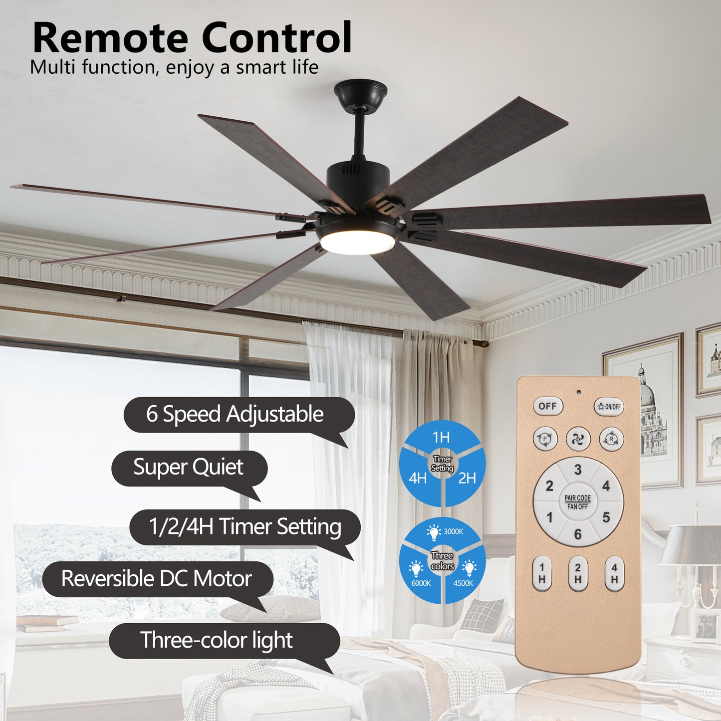 YANSUN72" Walnut LED Ceiling Fan Light with 8 Wooden Blades, Remote Control, Adjustable Color Temperature for Living Room, Bedroom, or Dining Room (Silent/6-Speed/Reversible/DC Motor)