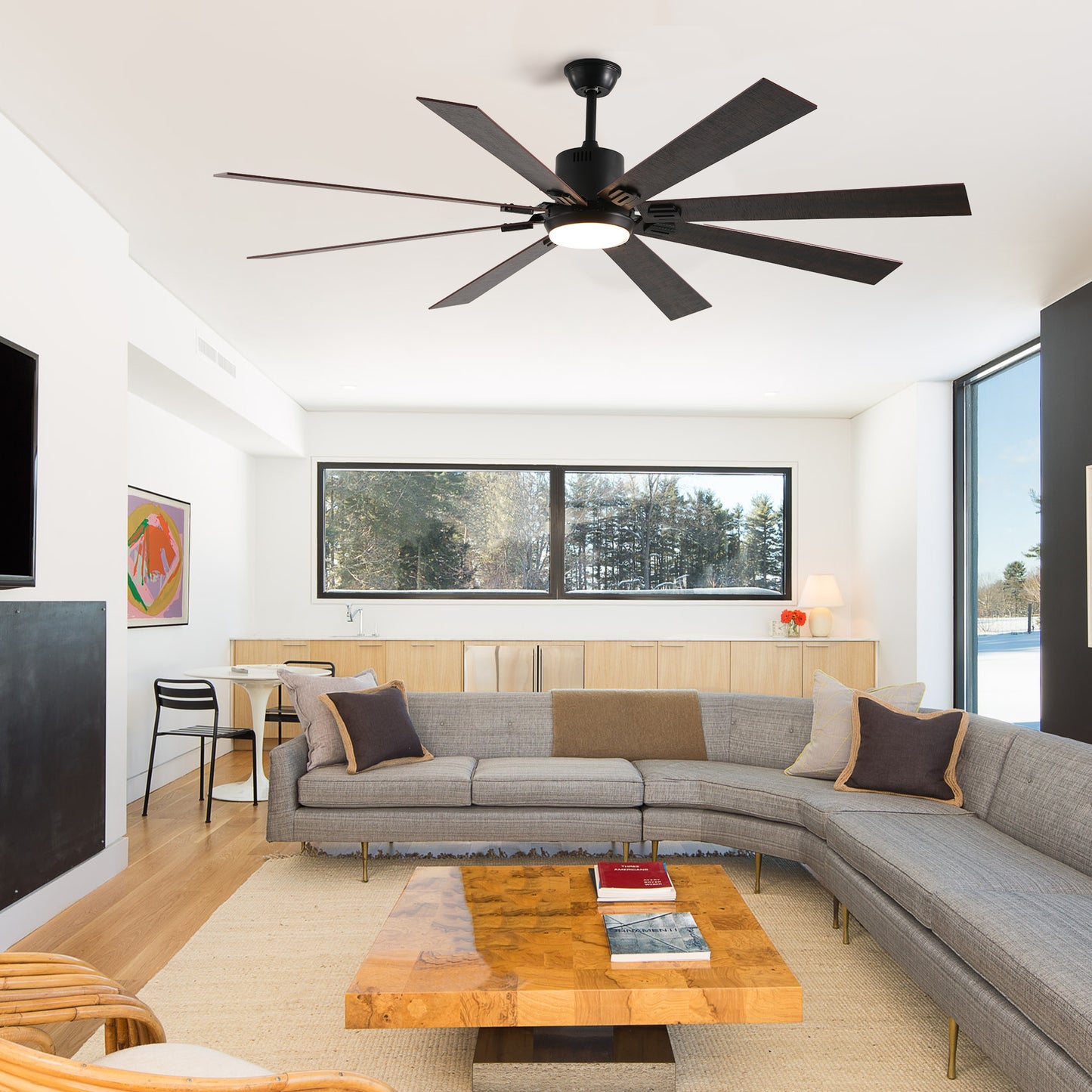 YANSUN72" Walnut LED Ceiling Fan Light with 8 Wooden Blades, Remote Control, Adjustable Color Temperature for Living Room, Bedroom, or Dining Room (Silent/6-Speed/Reversible/DC Motor)