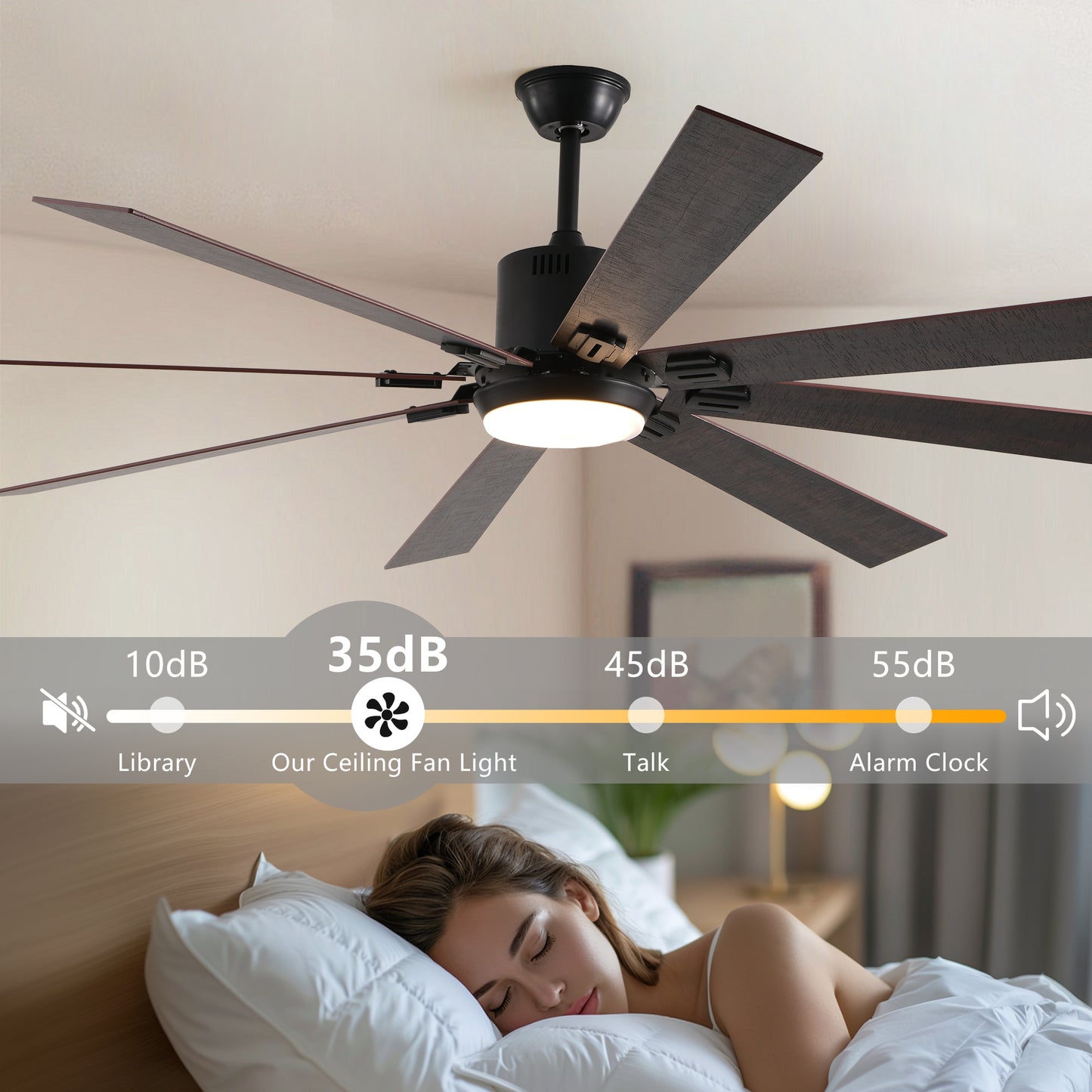 YANSUN72" Walnut LED Ceiling Fan Light with 8 Wooden Blades, Remote Control, Adjustable Color Temperature for Living Room, Bedroom, or Dining Room (Silent/6-Speed/Reversible/DC Motor)