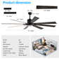 YANSUN72" Walnut LED Ceiling Fan Light with 8 Wooden Blades, Remote Control, Adjustable Color Temperature for Living Room, Bedroom, or Dining Room (Silent/6-Speed/Reversible/DC Motor)