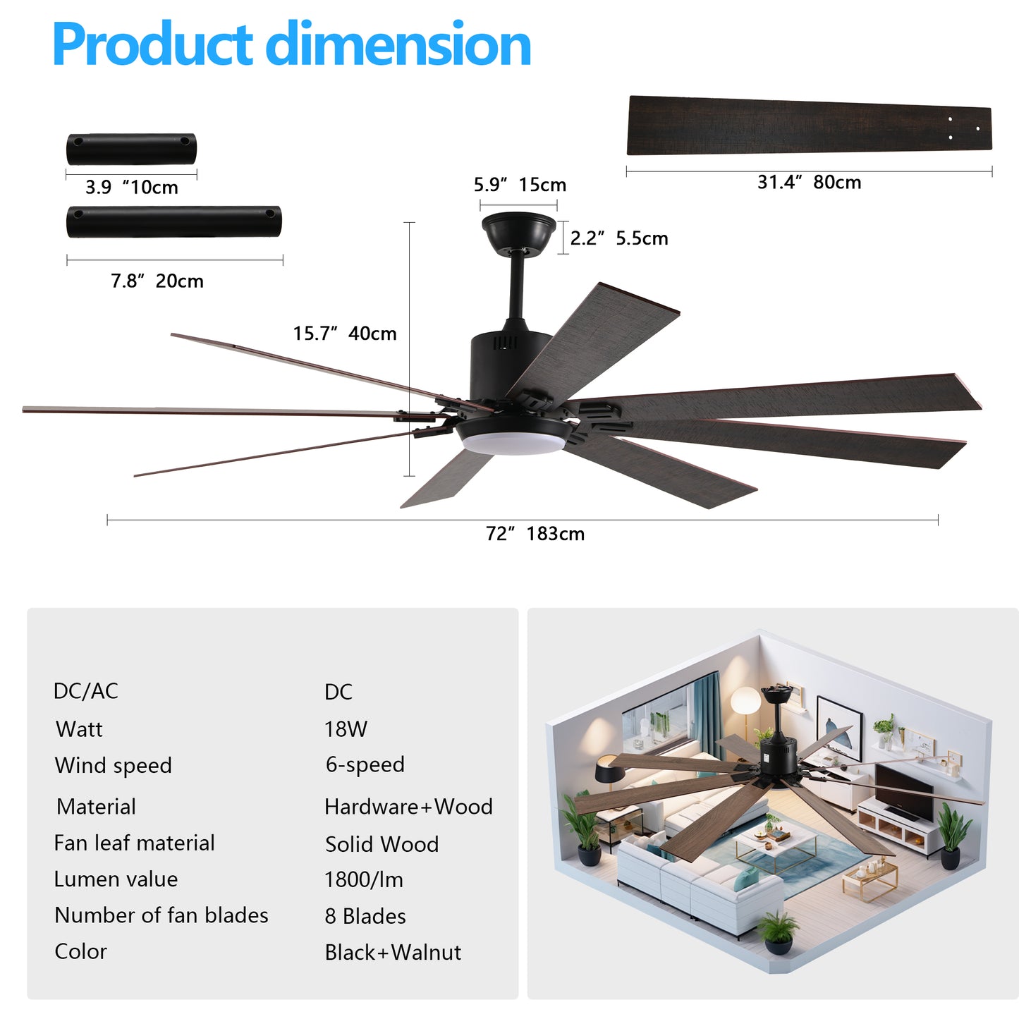 YANSUN72" Walnut LED Ceiling Fan Light with 8 Wooden Blades, Remote Control, Adjustable Color Temperature for Living Room, Bedroom, or Dining Room (Silent/6-Speed/Reversible/DC Motor)