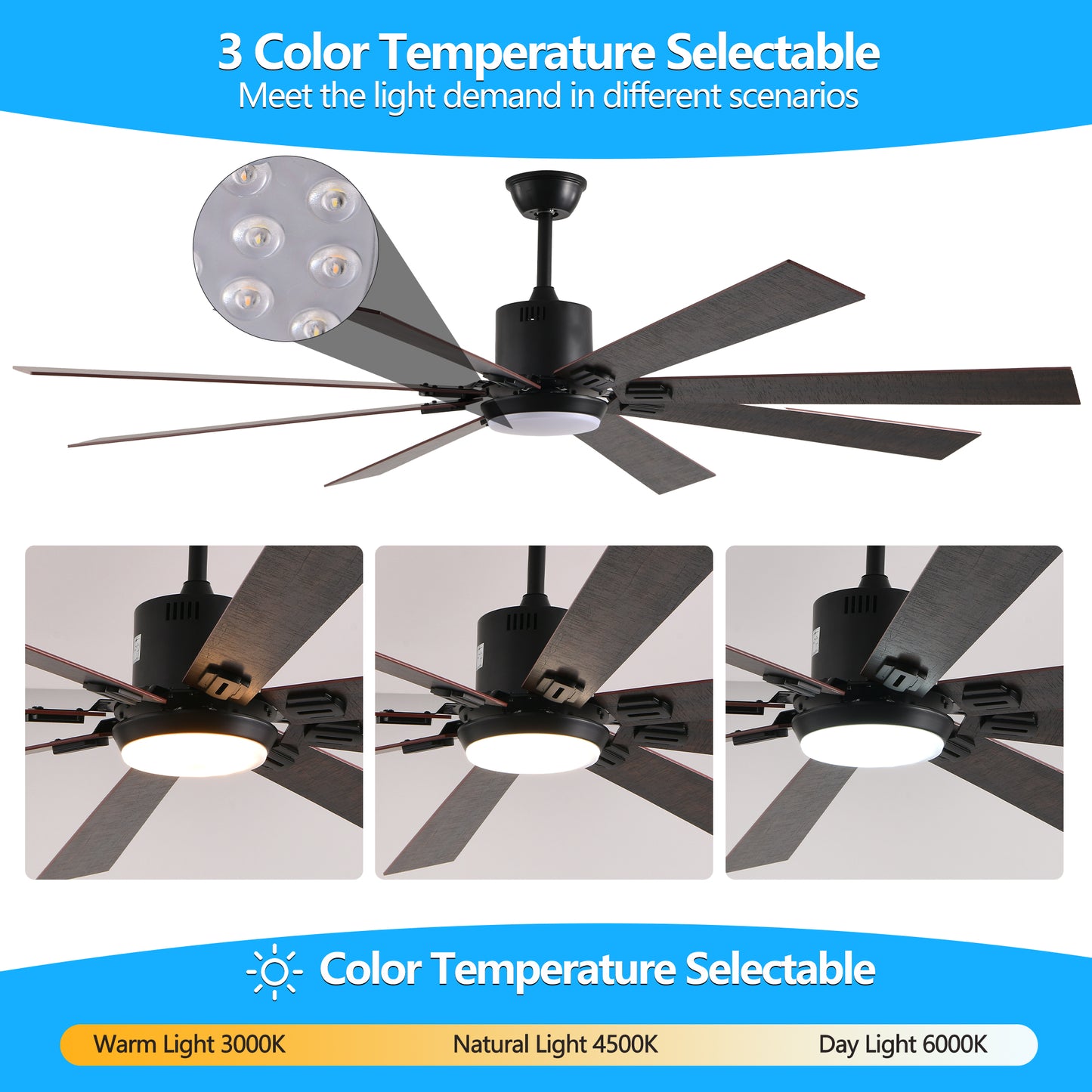 YANSUN72" Walnut LED Ceiling Fan Light with 8 Wooden Blades, Remote Control, Adjustable Color Temperature for Living Room, Bedroom, or Dining Room (Silent/6-Speed/Reversible/DC Motor)