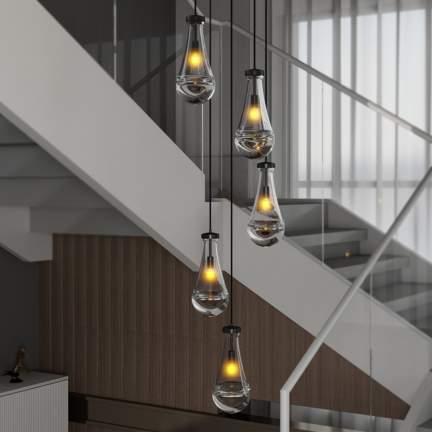 YANSUN 11.8 in. Black Modern 5-Light Cluster Pendant Light with Adjustable Braided Rope Cords and Raindrop Glass Shades