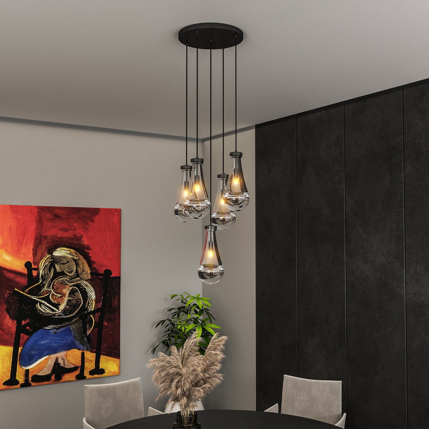 YANSUN 11.8 in. Black Modern 5-Light Cluster Pendant Light with Adjustable Braided Rope Cords and Raindrop Glass Shades
