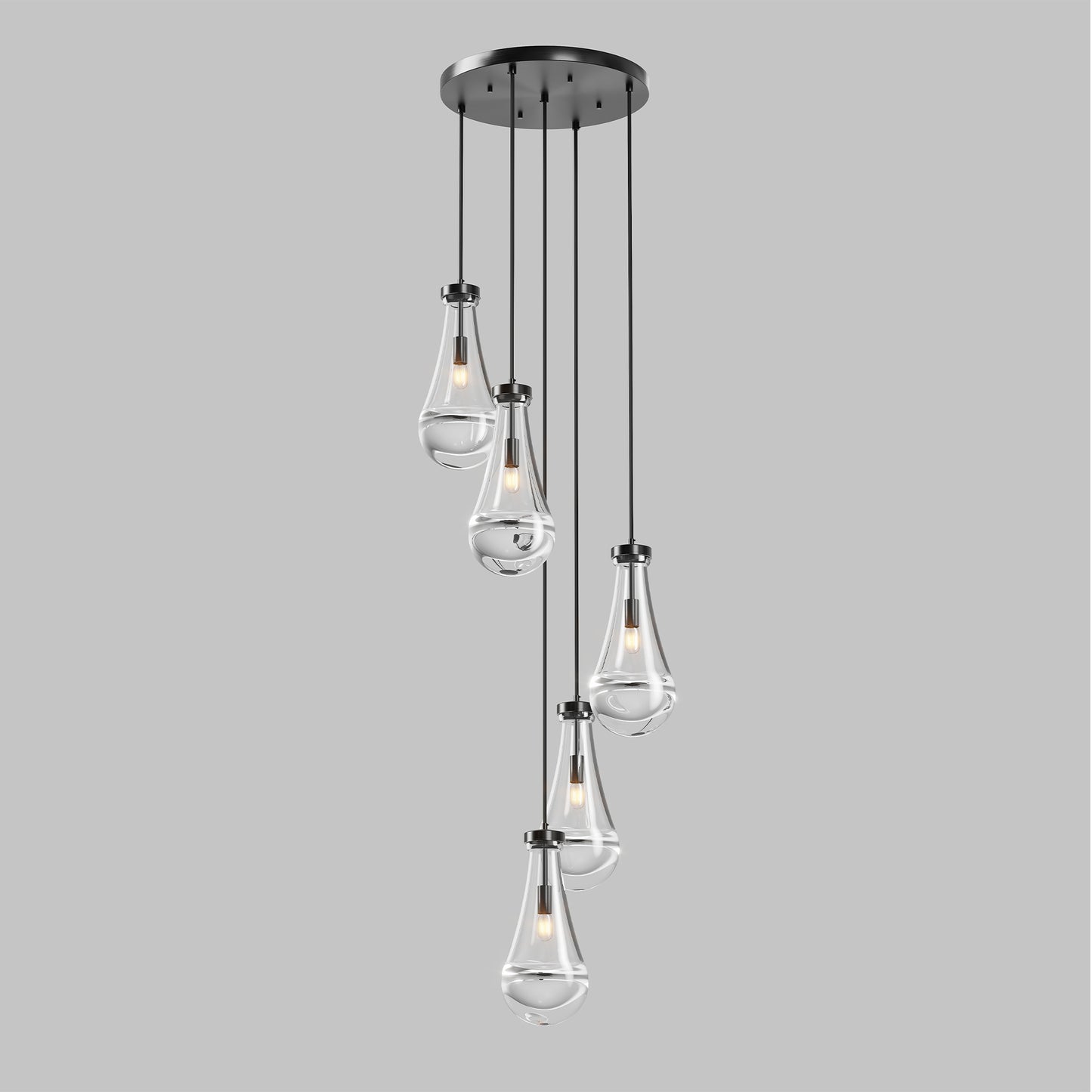 YANSUN 11.8 in. Black Modern 5-Light Cluster Pendant Light with Adjustable Braided Rope Cords and Raindrop Glass Shades