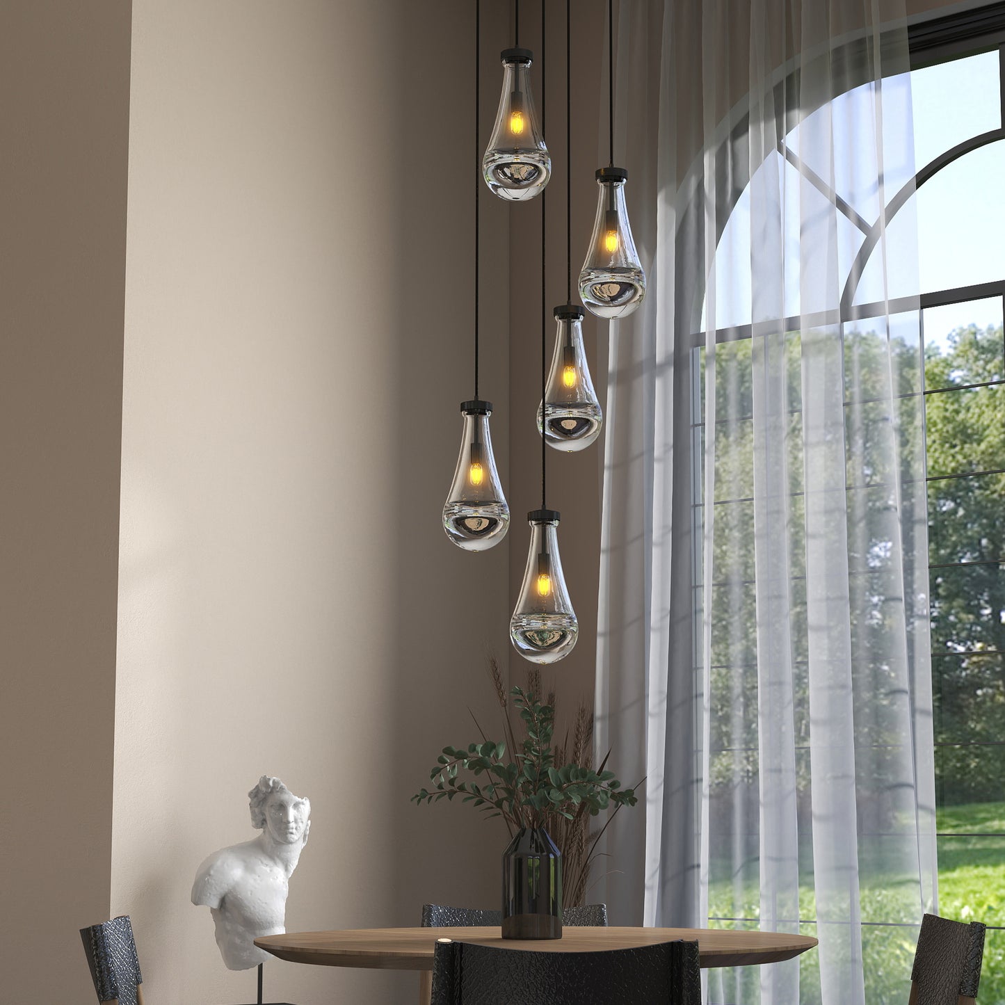 YANSUN 11.8 in. Black Modern 5-Light Cluster Pendant Light with Adjustable Braided Rope Cords and Raindrop Glass Shades