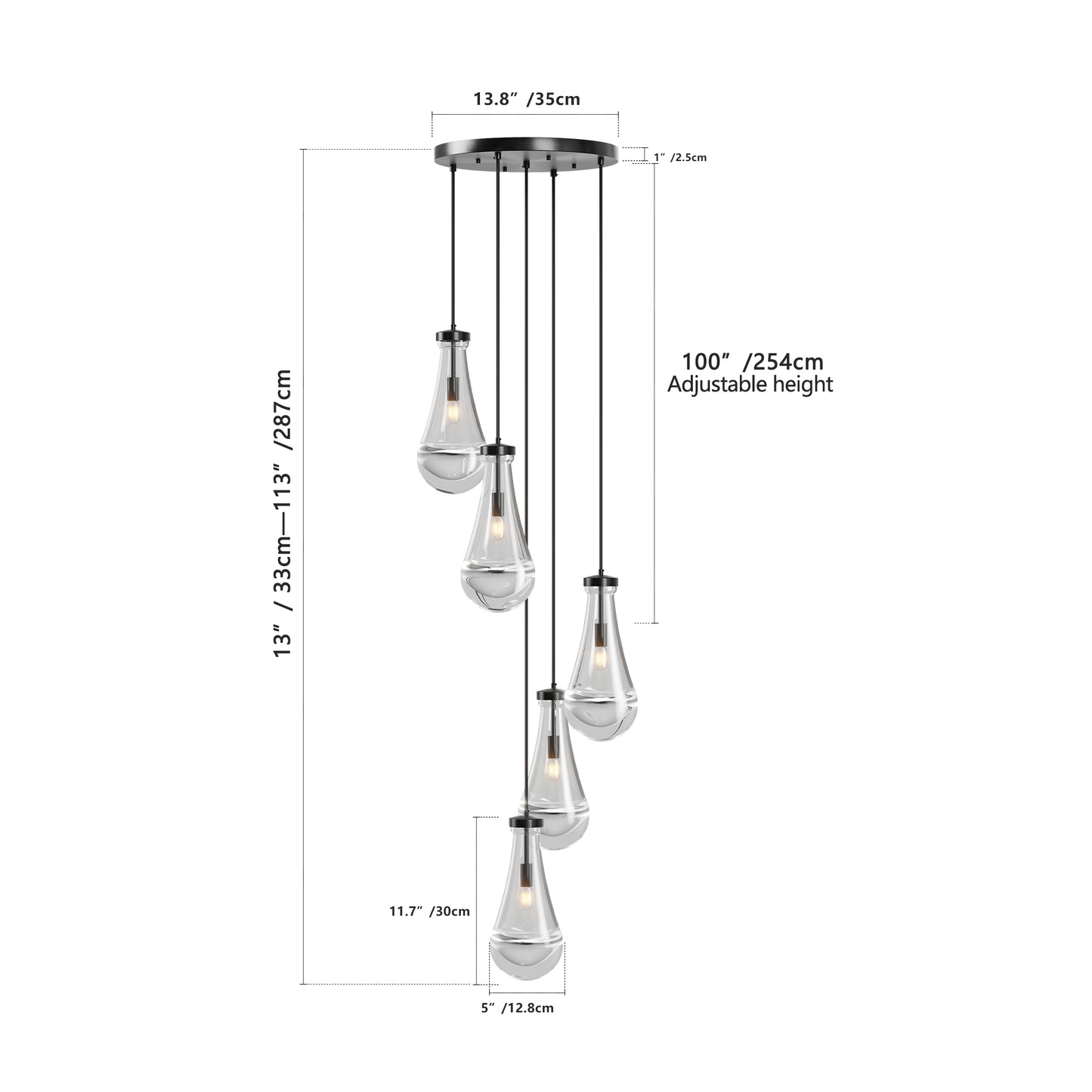 YANSUN 11.8 in. Black Modern 5-Light Cluster Pendant Light with Adjustable Braided Rope Cords and Raindrop Glass Shades
