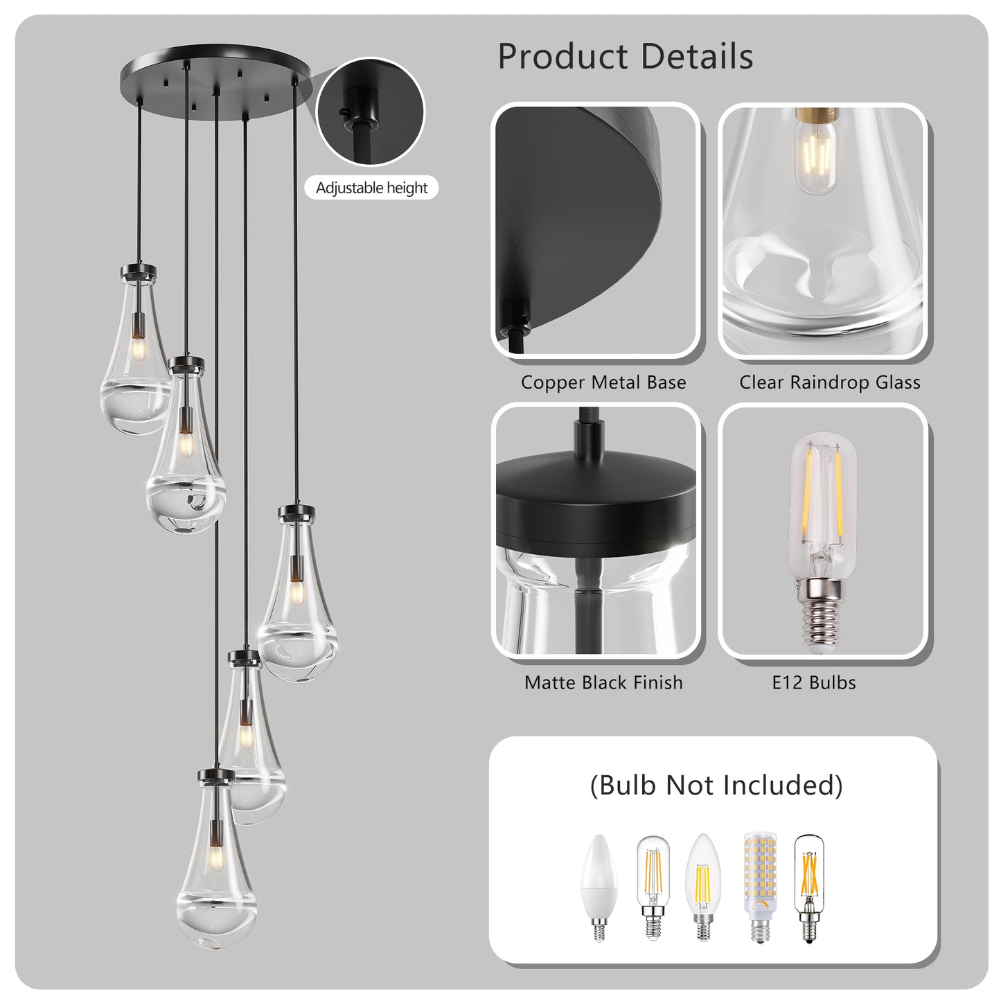 YANSUN 11.8 in. Black Modern 5-Light Cluster Pendant Light with Adjustable Braided Rope Cords and Raindrop Glass Shades
