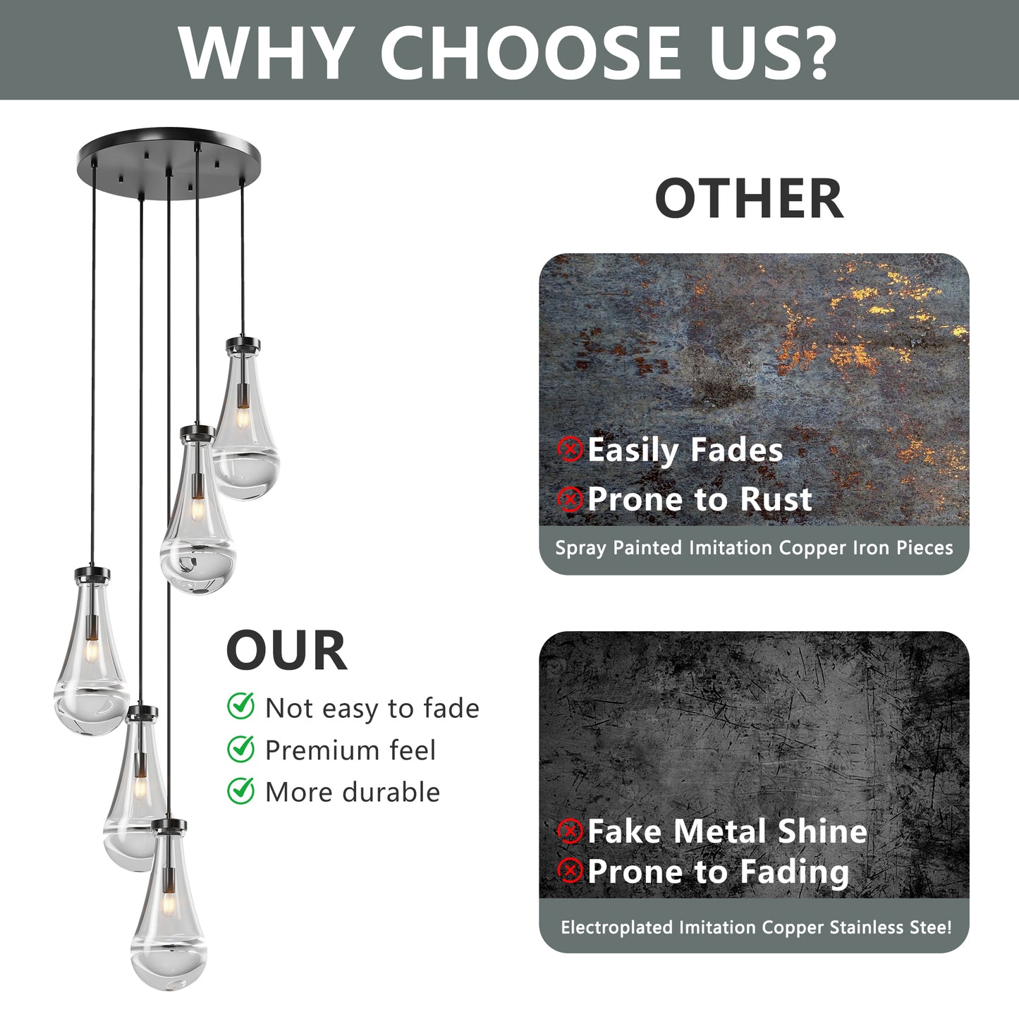 YANSUN 11.8 in. Black Modern 5-Light Cluster Pendant Light with Adjustable Braided Rope Cords and Raindrop Glass Shades