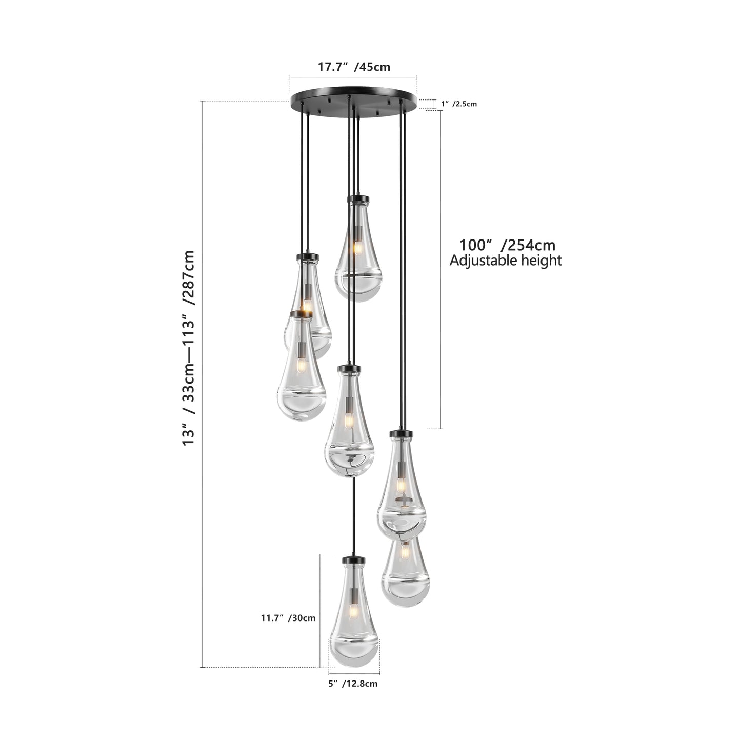YANSUN 17.7 in. Black Modern 7-Light Cluster Pendant Light with Adjustable Braided Rope Cords and Raindrop Glass Shades (Copy)