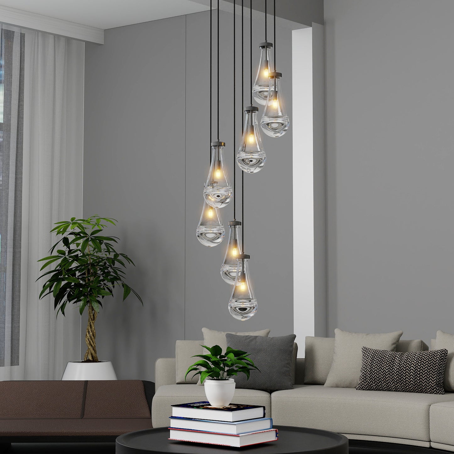 YANSUN 17.7 in. Black Modern 7-Light Cluster Pendant Light with Adjustable Braided Rope Cords and Raindrop Glass Shades (Copy)