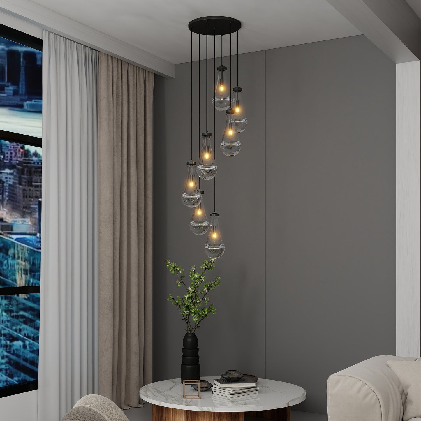 YANSUN 17.7 in. Black Modern 7-Light Cluster Pendant Light with Adjustable Braided Rope Cords and Raindrop Glass Shades (Copy)