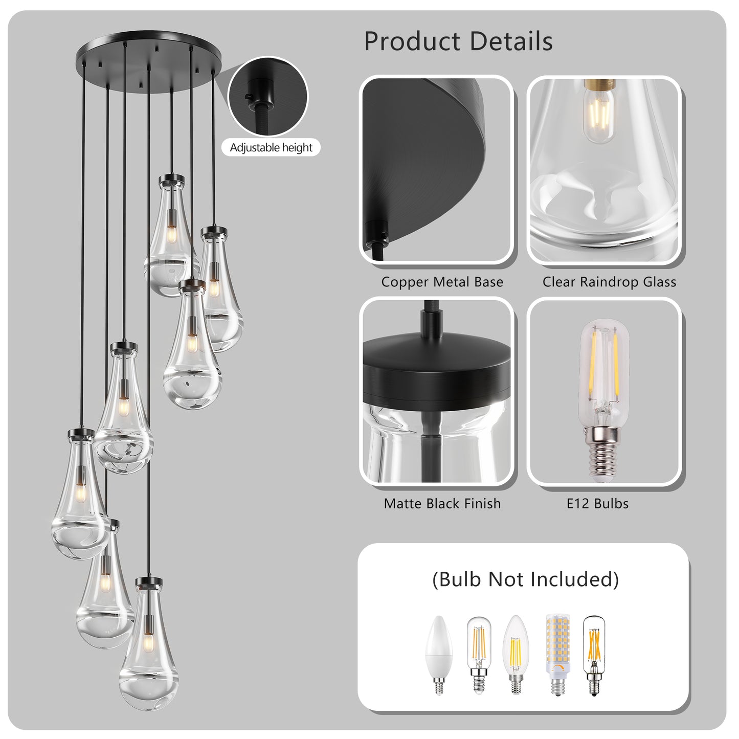 YANSUN 17.7 in. Black Modern 7-Light Cluster Pendant Light with Adjustable Braided Rope Cords and Raindrop Glass Shades (Copy)