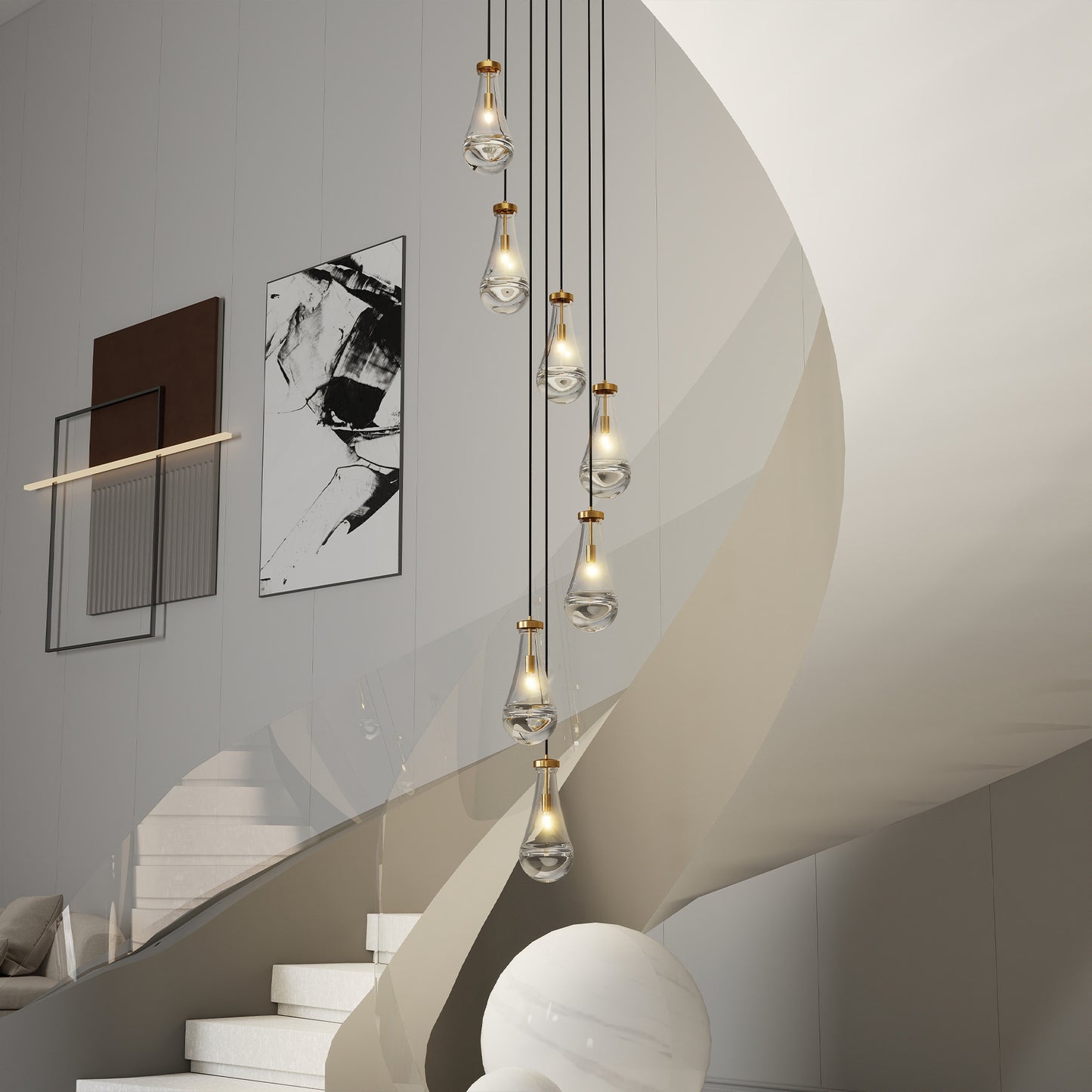 YANSUN 17.7 in. Brass Modern 7-Light Linear Pendant Chandelier with Adjustable Hanging Cords and Raindrop Glass Shades