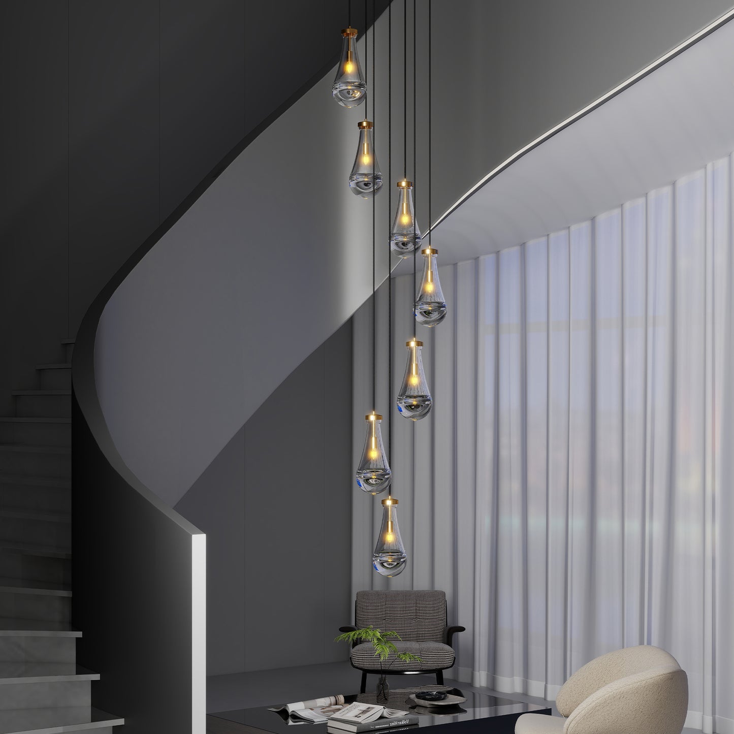 YANSUN 17.7 in. Brass Modern 7-Light Linear Pendant Chandelier with Adjustable Hanging Cords and Raindrop Glass Shades
