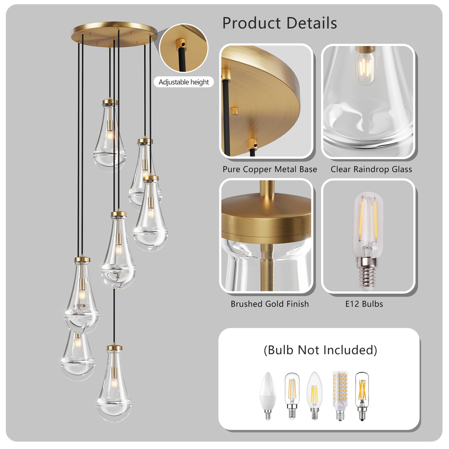 YANSUN 17.7 in. Brass Modern 7-Light Linear Pendant Chandelier with Adjustable Hanging Cords and Raindrop Glass Shades