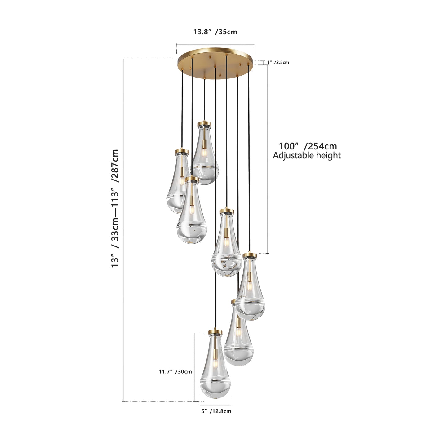 YANSUN 17.7 in. Brass Modern 7-Light Linear Pendant Chandelier with Adjustable Hanging Cords and Raindrop Glass Shades