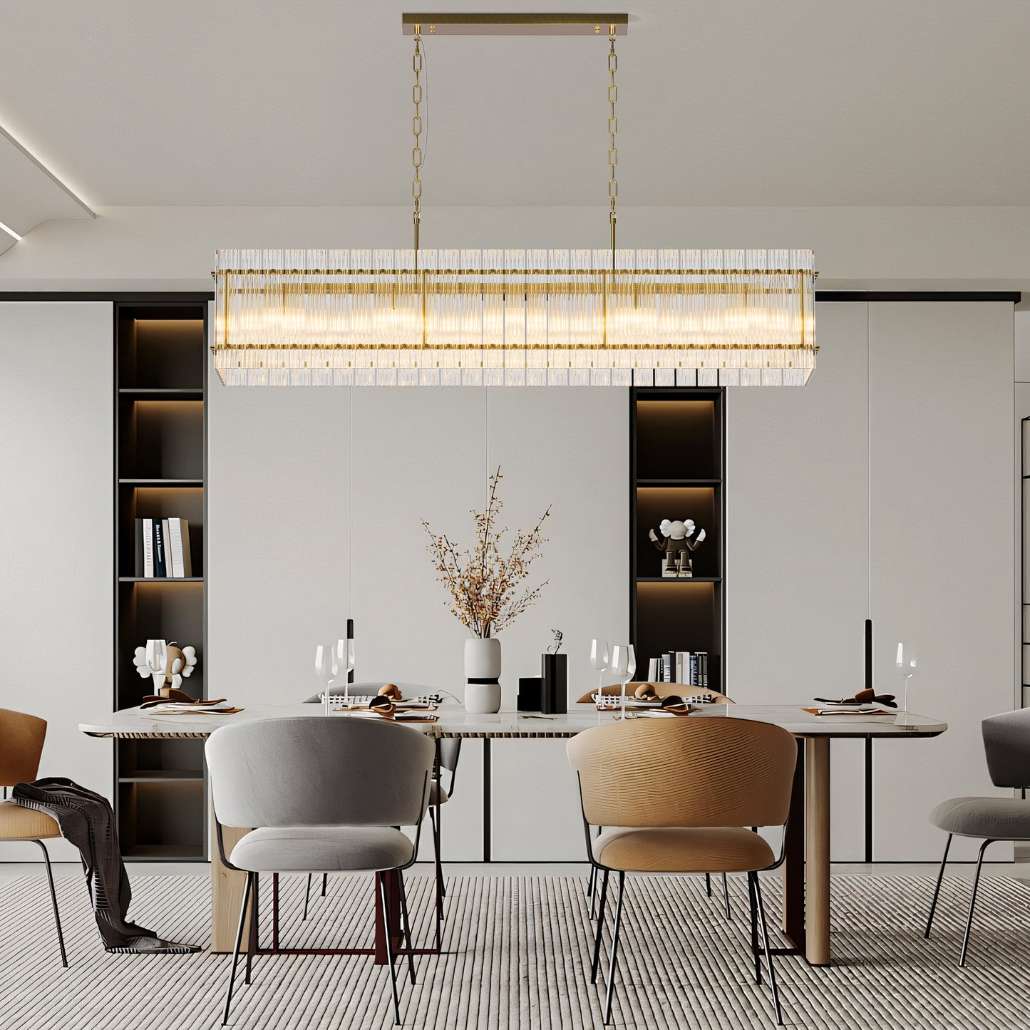 YANSUN 53.9 in. Gold Crystal Chandelier LED 10-Light Modern Glass Iron Ceiling Fixture Adjustable Height Semi Flush Mount for Dining Room Living Room