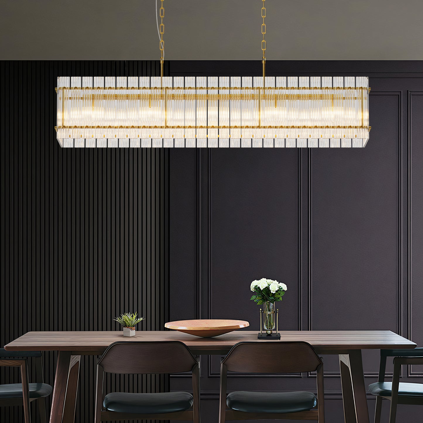 YANSUN 53.9 in. Gold Crystal Chandelier LED 10-Light Modern Glass Iron Ceiling Fixture Adjustable Height Semi Flush Mount for Dining Room Living Room
