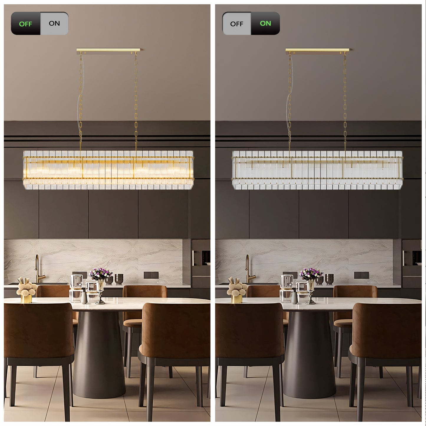 YANSUN 53.9 in. Gold Crystal Chandelier LED 10-Light Modern Glass Iron Ceiling Fixture Adjustable Height Semi Flush Mount for Dining Room Living Room