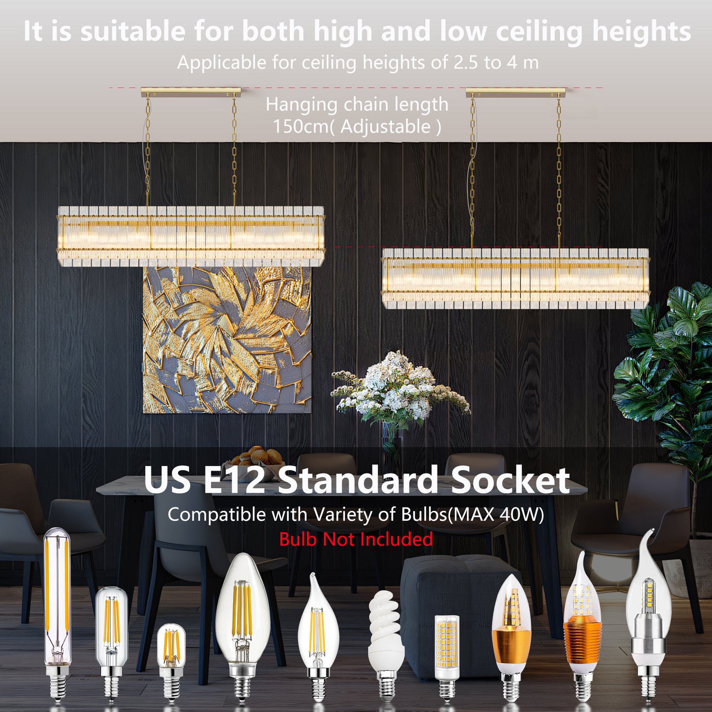 YANSUN 53.9 in. Gold Crystal Chandelier LED 10-Light Modern Glass Iron Ceiling Fixture Adjustable Height Semi Flush Mount for Dining Room Living Room
