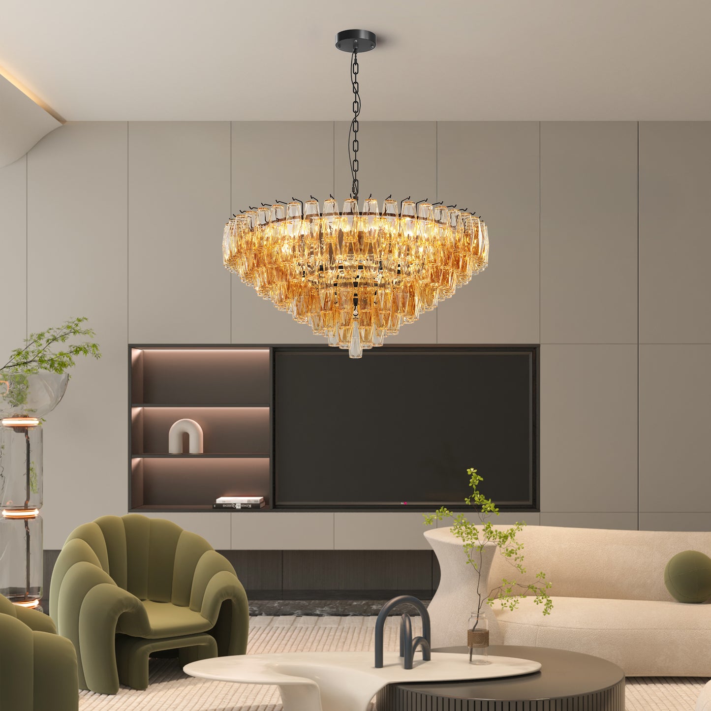YANSUN 37in. Black 14-Light Tiered Smoke Glass Tube Chandelier Modern Large Ceiling Light for Dining Room Living Room Kitchen Island Bedroom