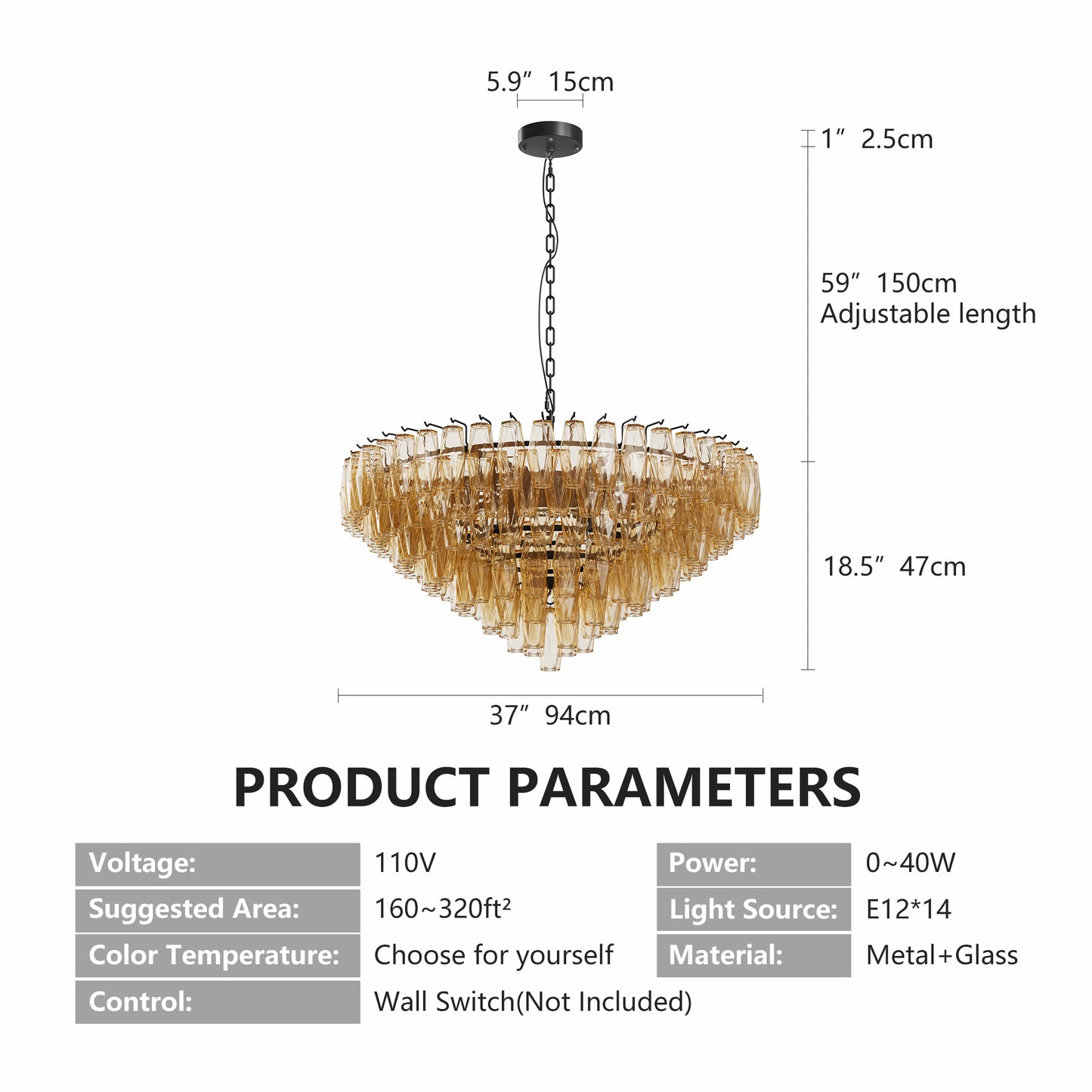 YANSUN 37in. Black 14-Light Tiered Smoke Glass Tube Chandelier Modern Large Ceiling Light for Dining Room Living Room Kitchen Island Bedroom