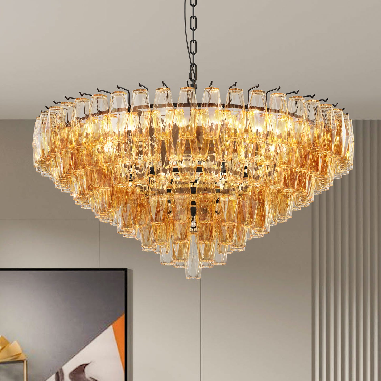 YANSUN 37in. Black 14-Light Tiered Smoke Glass Tube Chandelier Modern Large Ceiling Light for Dining Room Living Room Kitchen Island Bedroom