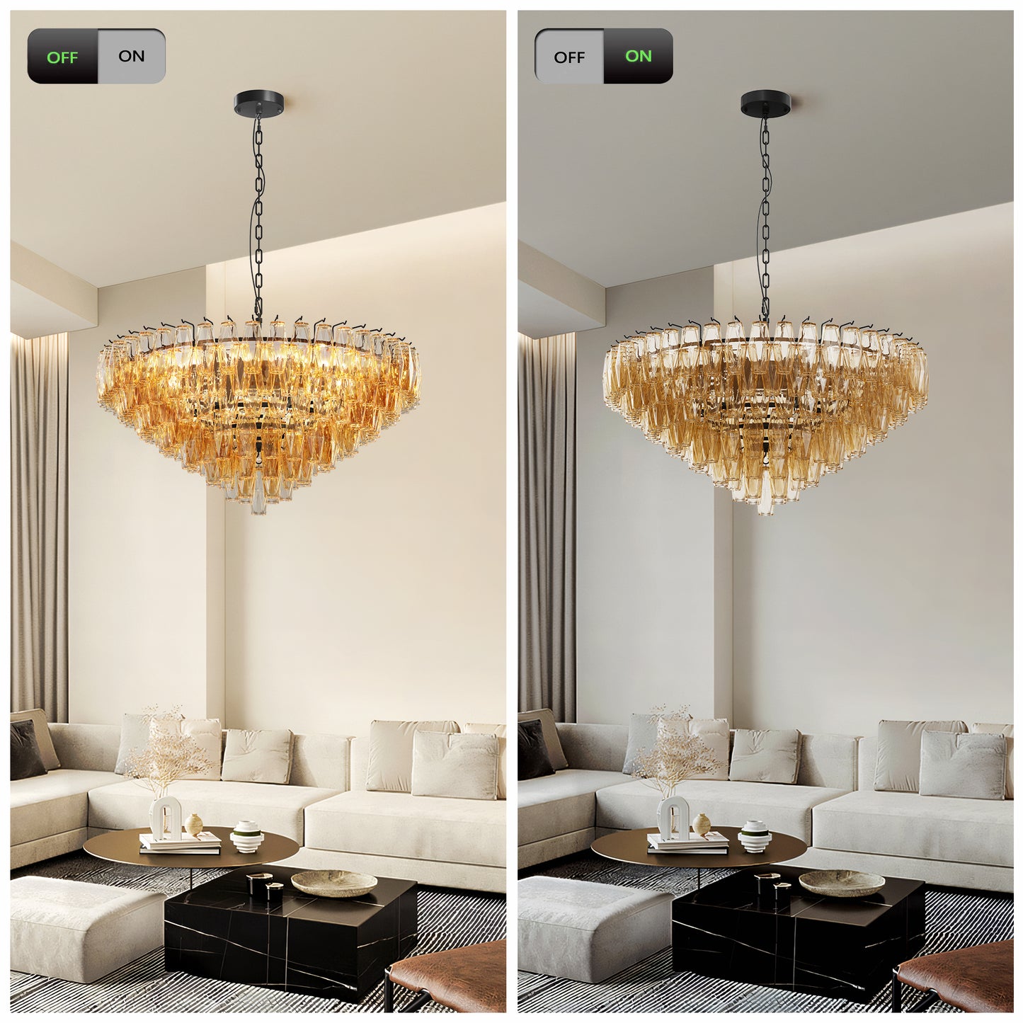 YANSUN 37in. Black 14-Light Tiered Smoke Glass Tube Chandelier Modern Large Ceiling Light for Dining Room Living Room Kitchen Island Bedroom