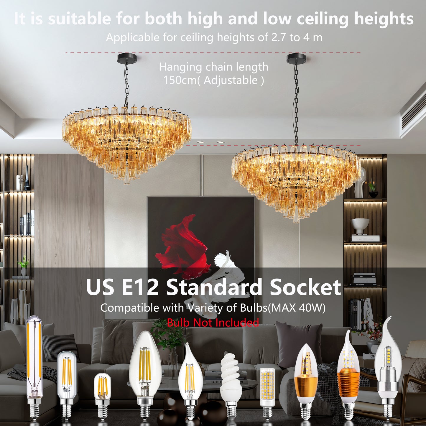YANSUN 37in. Black 14-Light Tiered Smoke Glass Tube Chandelier Modern Large Ceiling Light for Dining Room Living Room Kitchen Island Bedroom