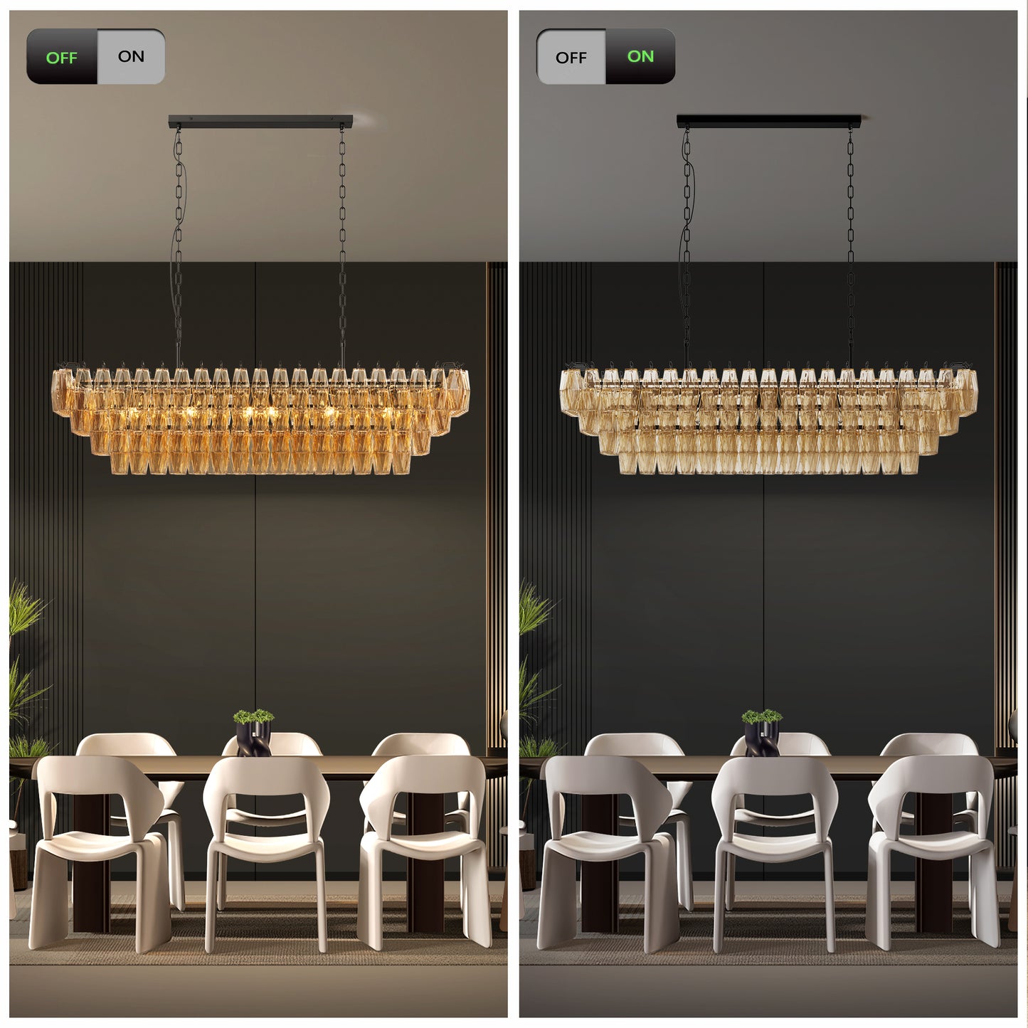 YANSUN 54in. Black Rectangular Chandelier 12-Light 4-Tier Smoke Glass Modern Pendant for Dining Room Kitchen Island Foyer (Bulb not included)