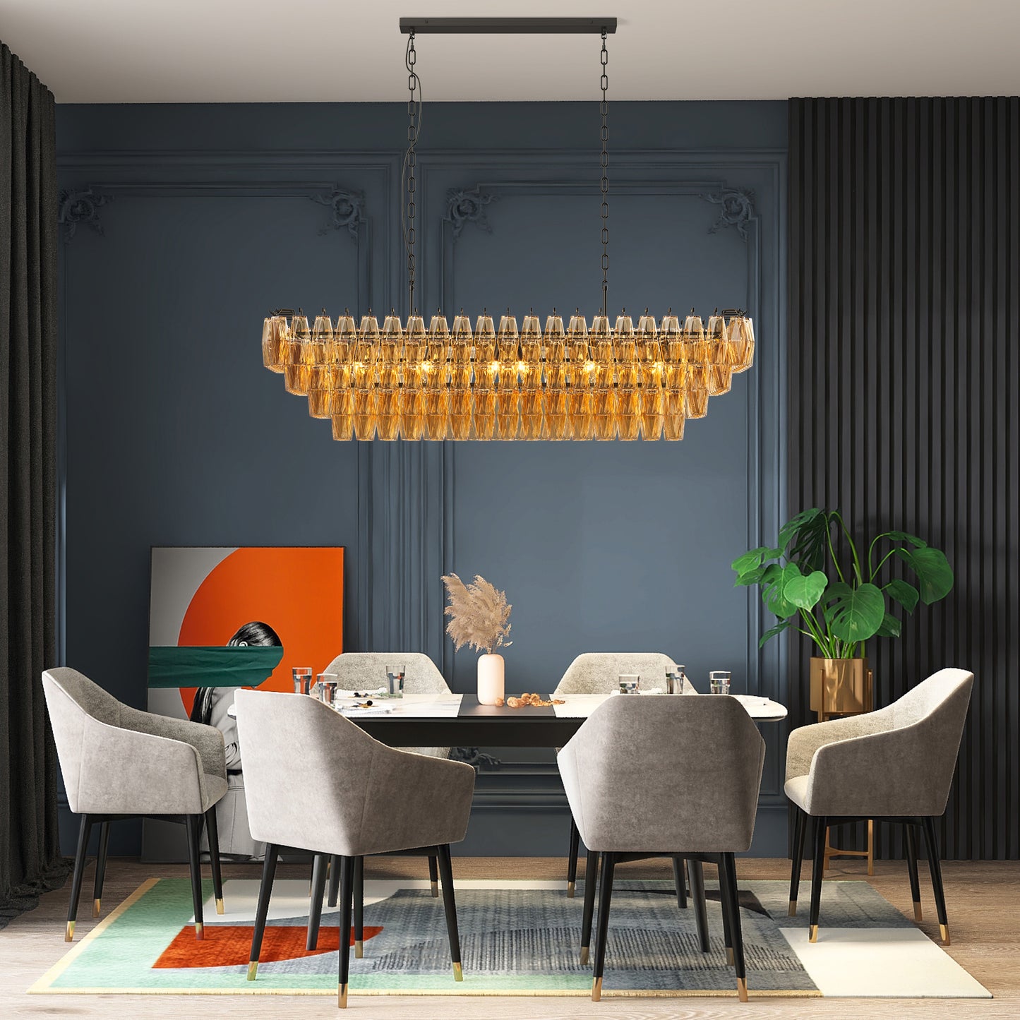 YANSUN 54in. Black Rectangular Chandelier 12-Light 4-Tier Smoke Glass Modern Pendant for Dining Room Kitchen Island Foyer (Bulb not included)