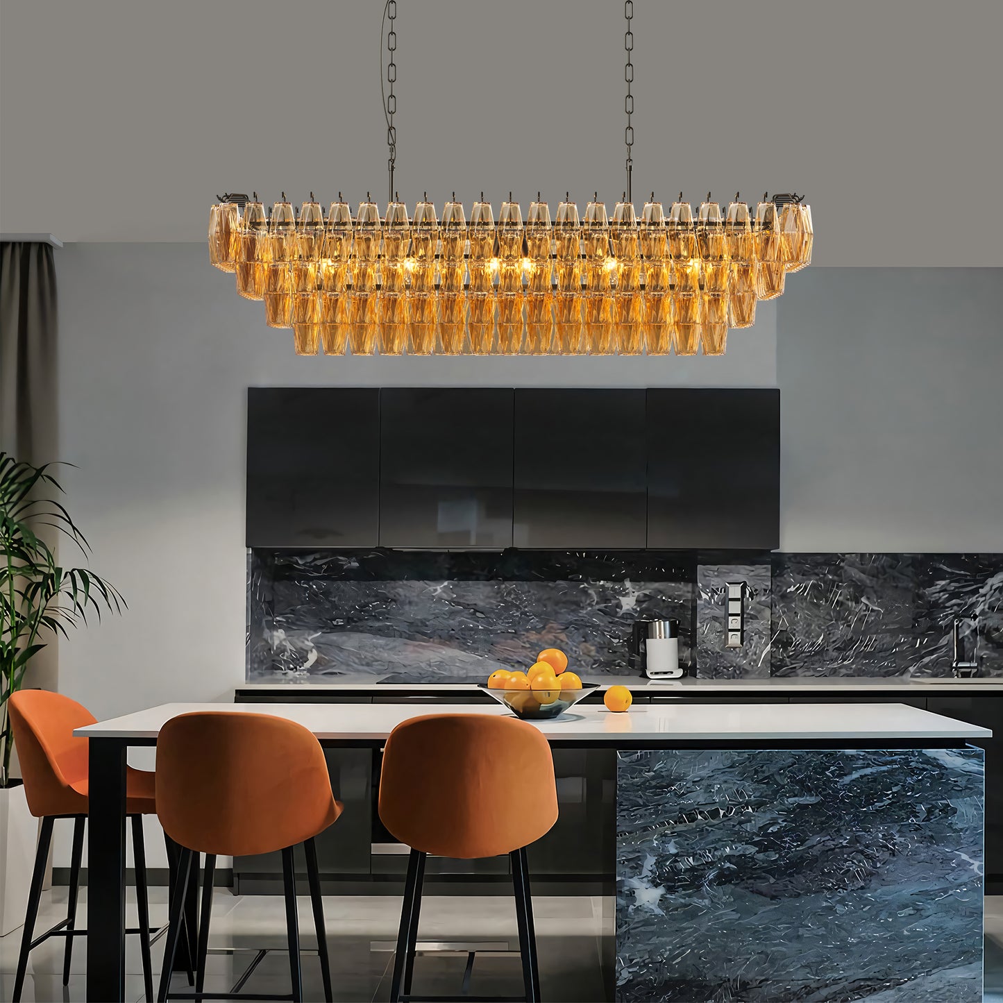 YANSUN 54in. Black Rectangular Chandelier 12-Light 4-Tier Smoke Glass Modern Pendant for Dining Room Kitchen Island Foyer (Bulb not included)