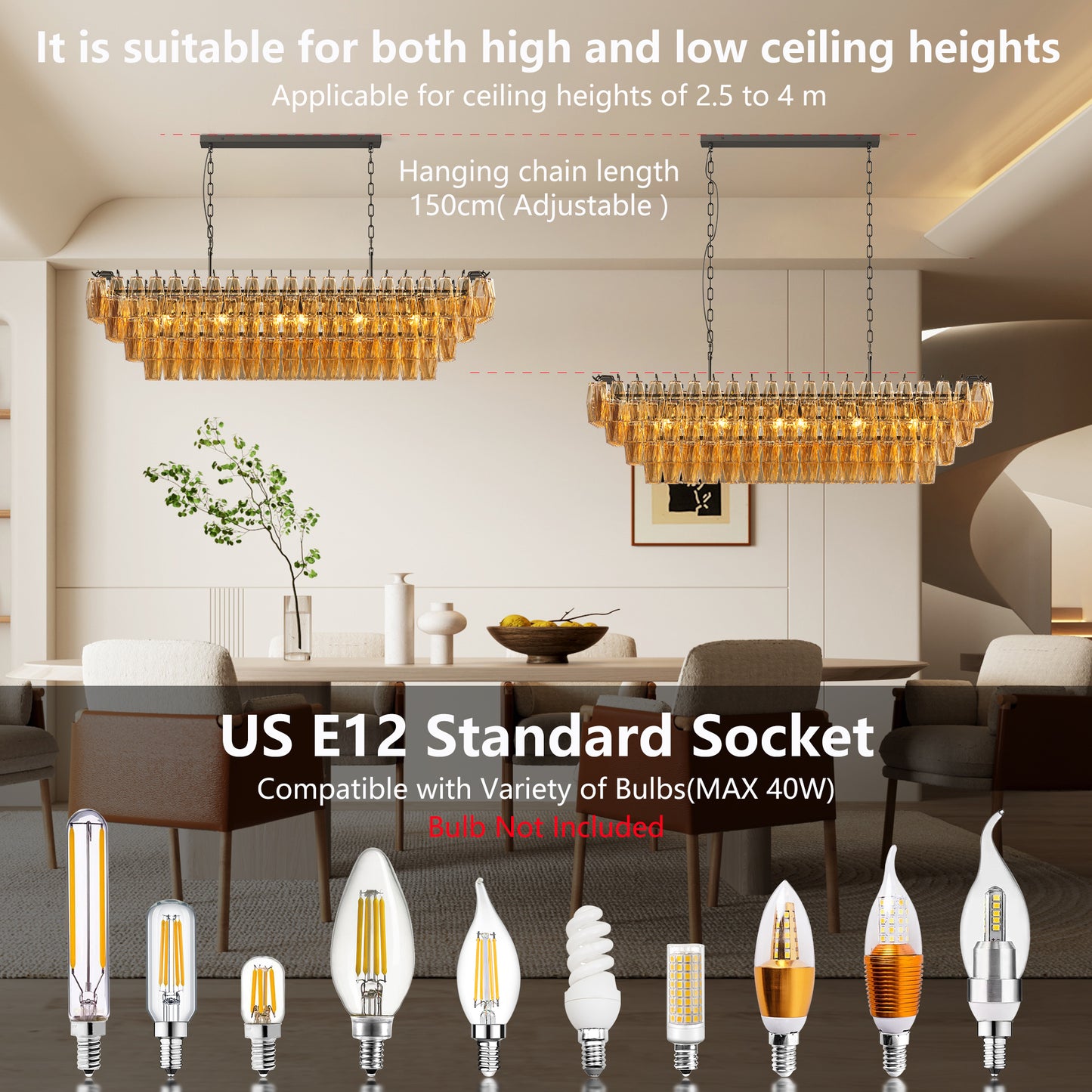 YANSUN 54in. Black Rectangular Chandelier 12-Light 4-Tier Smoke Glass Modern Pendant for Dining Room Kitchen Island Foyer (Bulb not included)