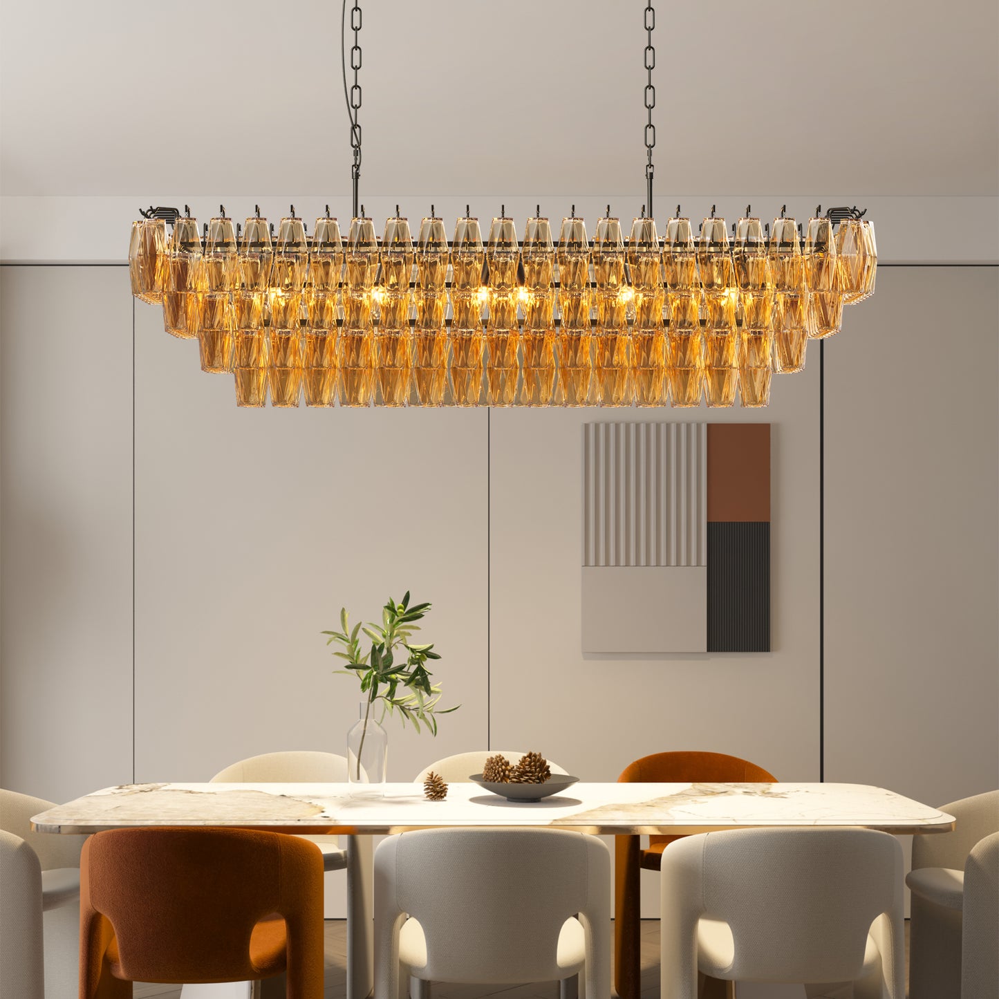 YANSUN 54in. Black Rectangular Chandelier 12-Light 4-Tier Smoke Glass Modern Pendant for Dining Room Kitchen Island Foyer (Bulb not included)