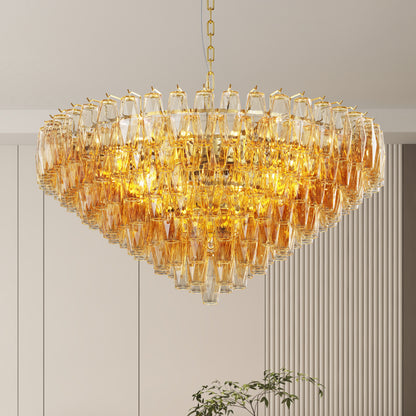 YANSUN 37in. Gold 14-Light Tiered Smoke Blown Glass Chandelier Modern Brass Light for Living Room Dining Room Bedroom Foyer Entryway
