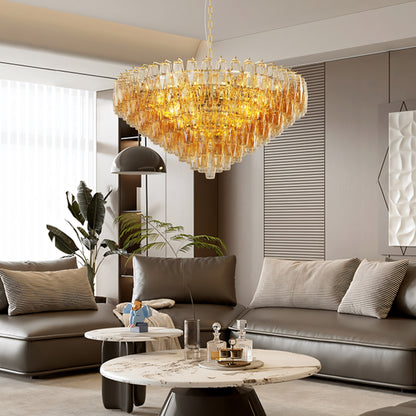 YANSUN 37in. Gold 14-Light Tiered Smoke Blown Glass Chandelier Modern Brass Light for Living Room Dining Room Bedroom Foyer Entryway