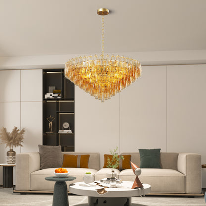 YANSUN 37in. Gold 14-Light Tiered Smoke Blown Glass Chandelier Modern Brass Light for Living Room Dining Room Bedroom Foyer Entryway