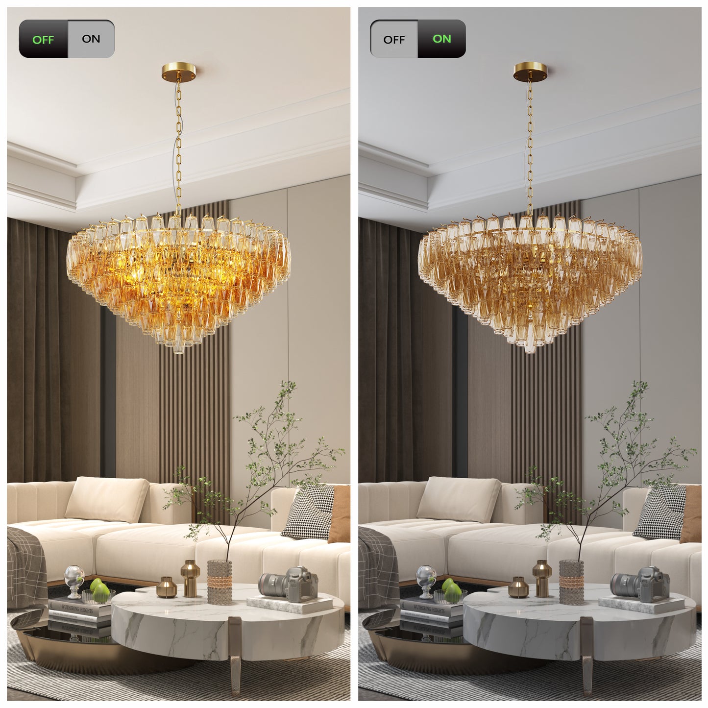 YANSUN 37in. Gold 14-Light Tiered Smoke Blown Glass Chandelier Modern Brass Light for Living Room Dining Room Bedroom Foyer Entryway