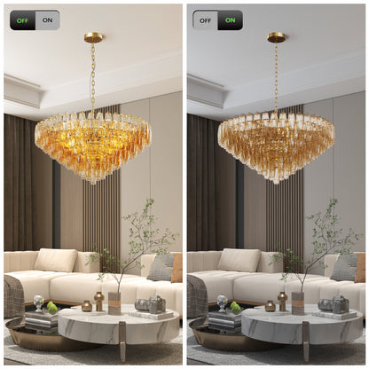 YANSUN 37in. Gold 14-Light Tiered Smoke Blown Glass Chandelier Modern Brass Light for Living Room Dining Room Bedroom Foyer Entryway